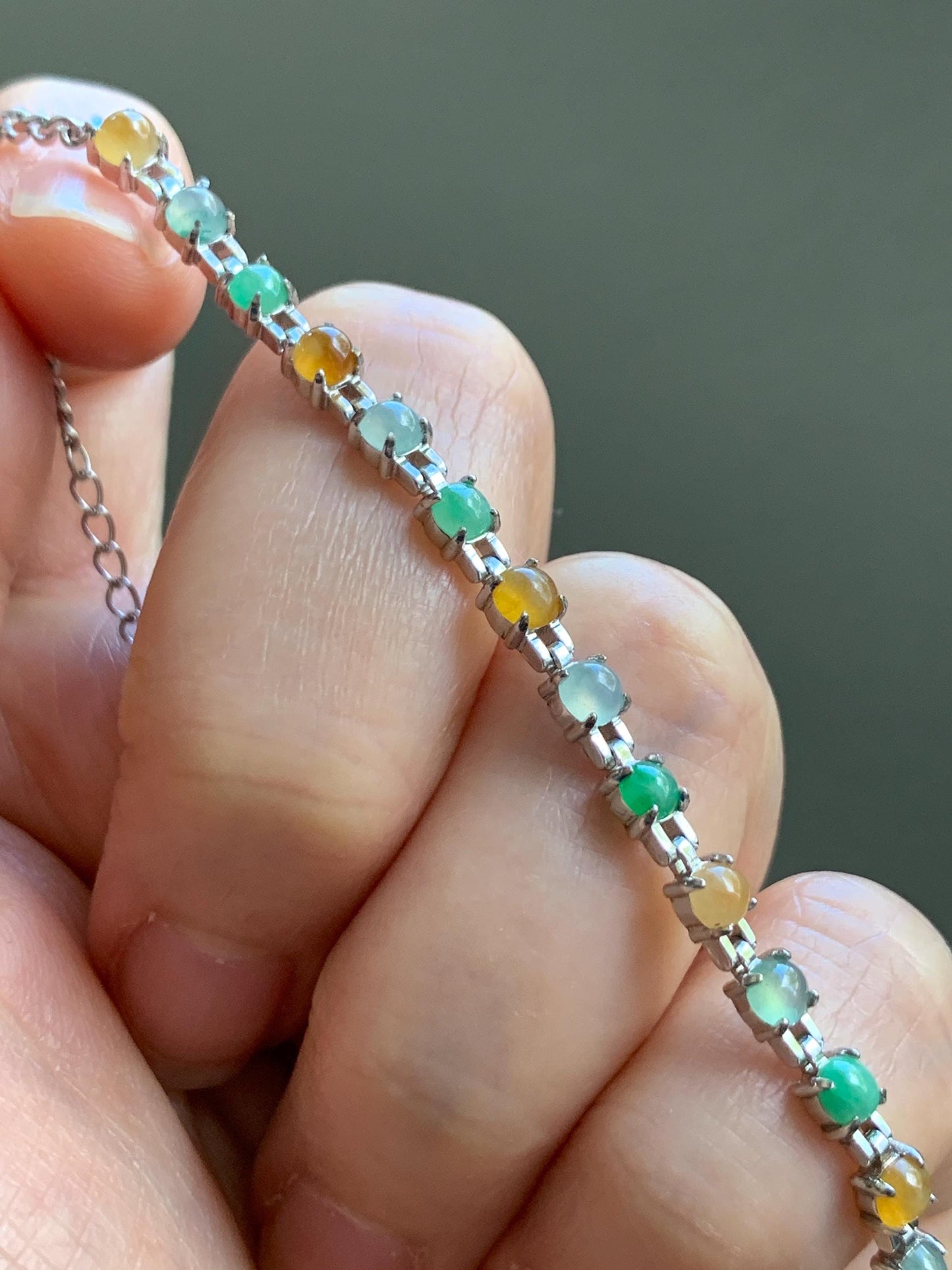 Certified Natural Grade A Icy Translucent Multicolored Jadeite Link Chain Style Bracelet Sterling Silver 6.25”-7.5” 4.3g 天然冰多宝翡翠银镶手链 1150