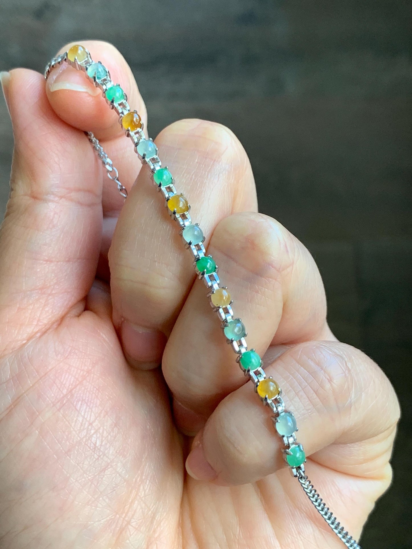 Certified Natural Grade A Icy Translucent Multicolored Jadeite Link Chain Style Bracelet Sterling Silver 6.25”-7.5” 4.3g 天然冰多宝翡翠银镶手链 1150