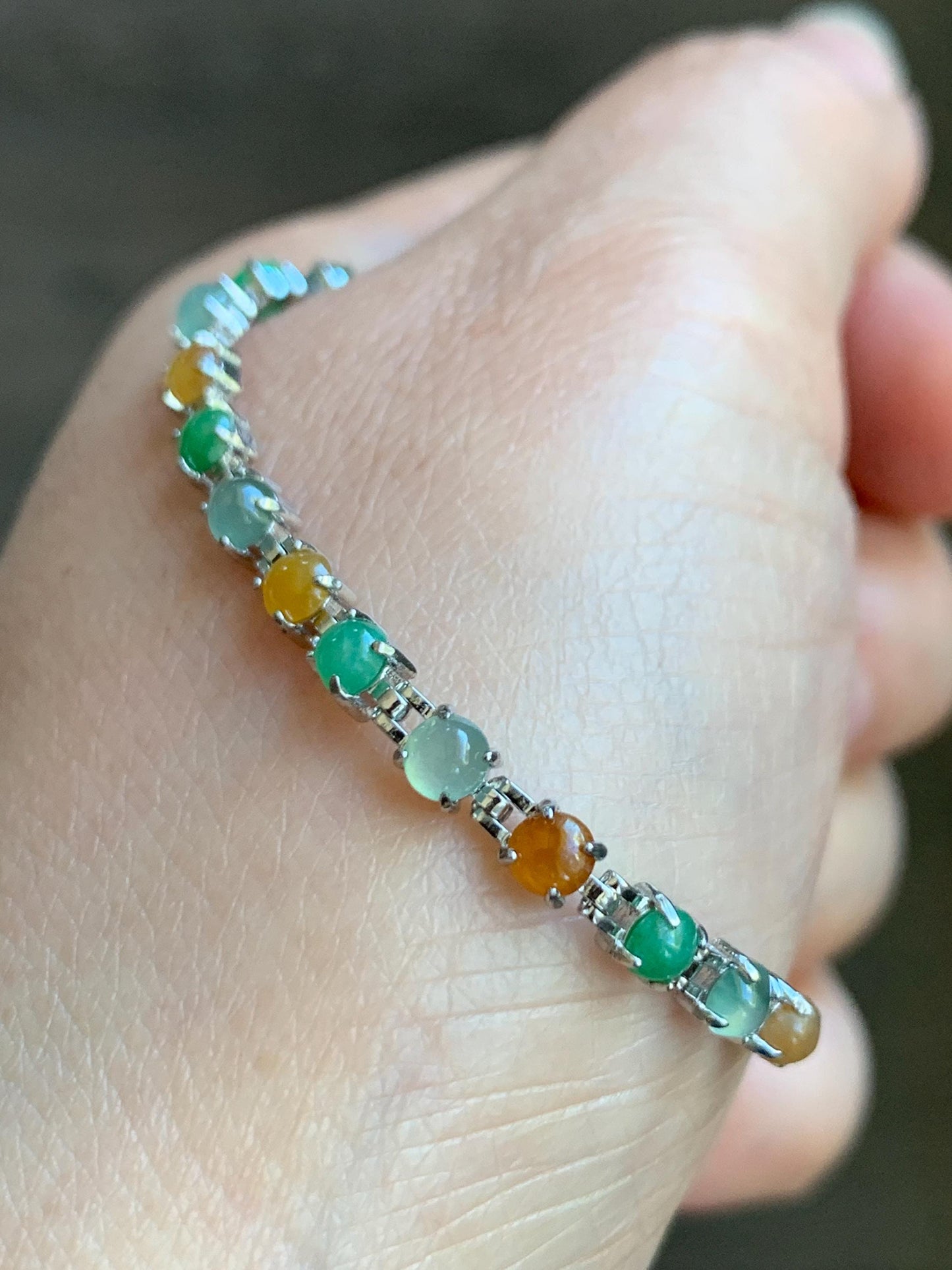 Certified Natural Grade A Icy Translucent Multicolored Jadeite Link Chain Style Bracelet Sterling Silver 6.25”-7.5” 4.3g 天然冰多宝翡翠银镶手链 1151