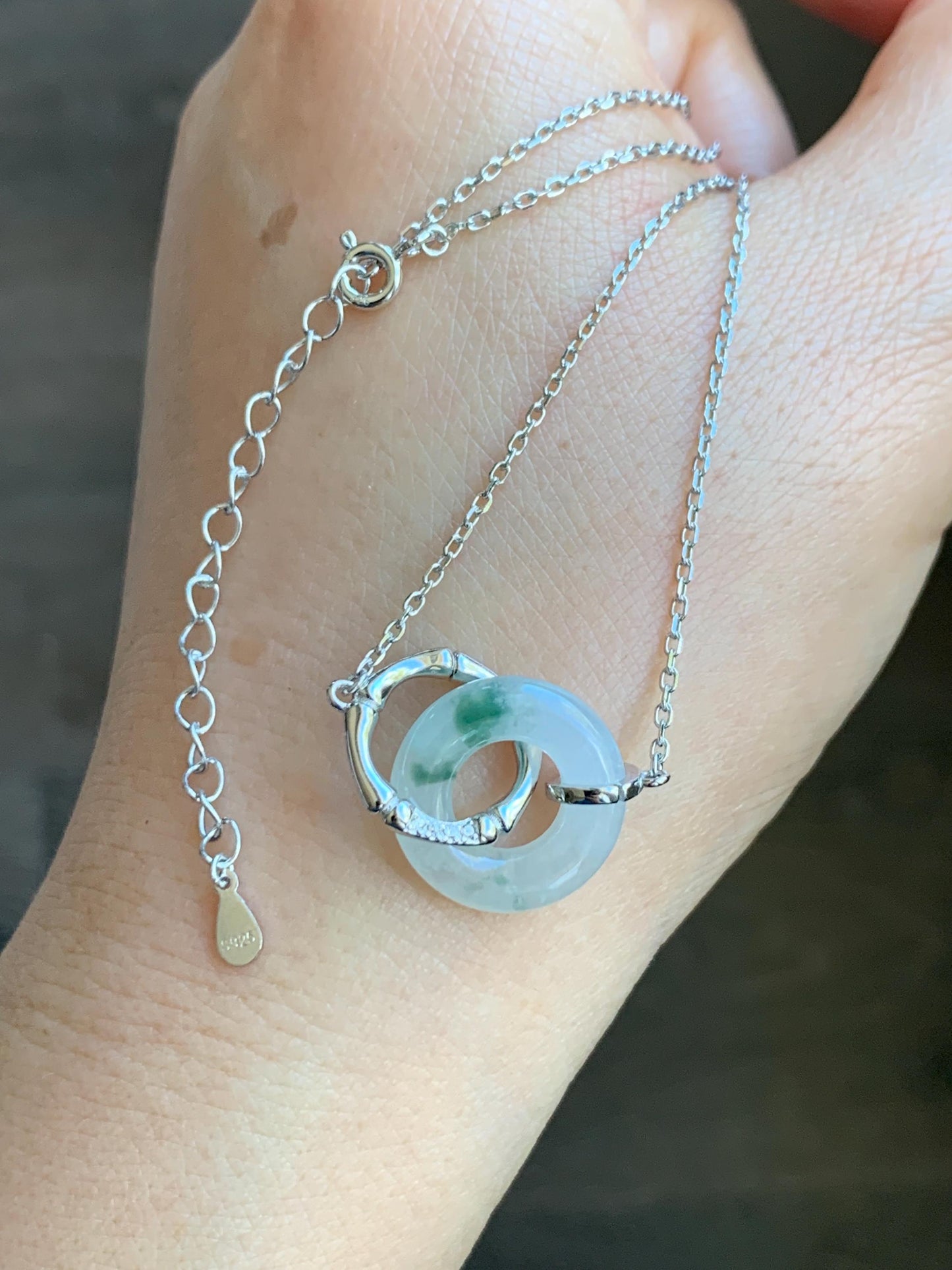 Natural Grade A Icy Translucent Green Marbled White Jadeite Mini Ping An Kou Donut Necklace Sterling Silver 16”-18” 天然白冰飘花翡翠迷你平安扣锁骨链 PHP132