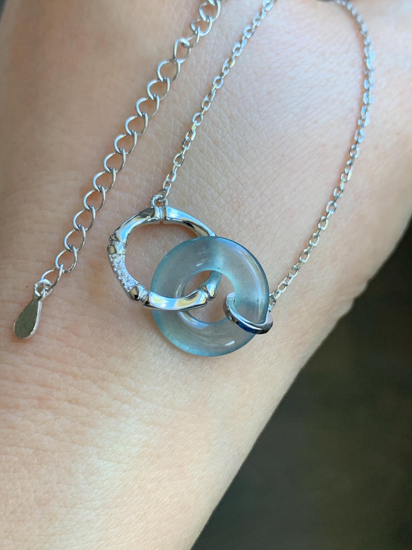 Natural Guatemalan Icy Highly Translucent Blue Jadeite Mini Ping An Kou Donut Necklace Sterling Silver 16”-17.75” 3g 天然冰危蓝翡翠迷你平安扣锁骨链 WLP88