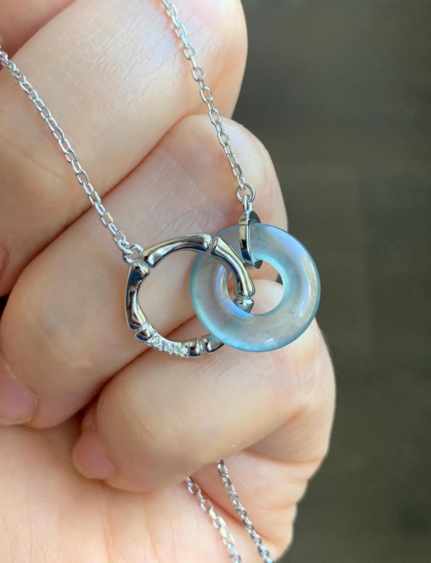 Natural Guatemalan Icy Highly Translucent Blue Jadeite Mini Ping An Kou Donut Necklace Sterling Silver 16”-17.75” 3g 天然冰危蓝翡翠迷你平安扣锁骨链 WLP88