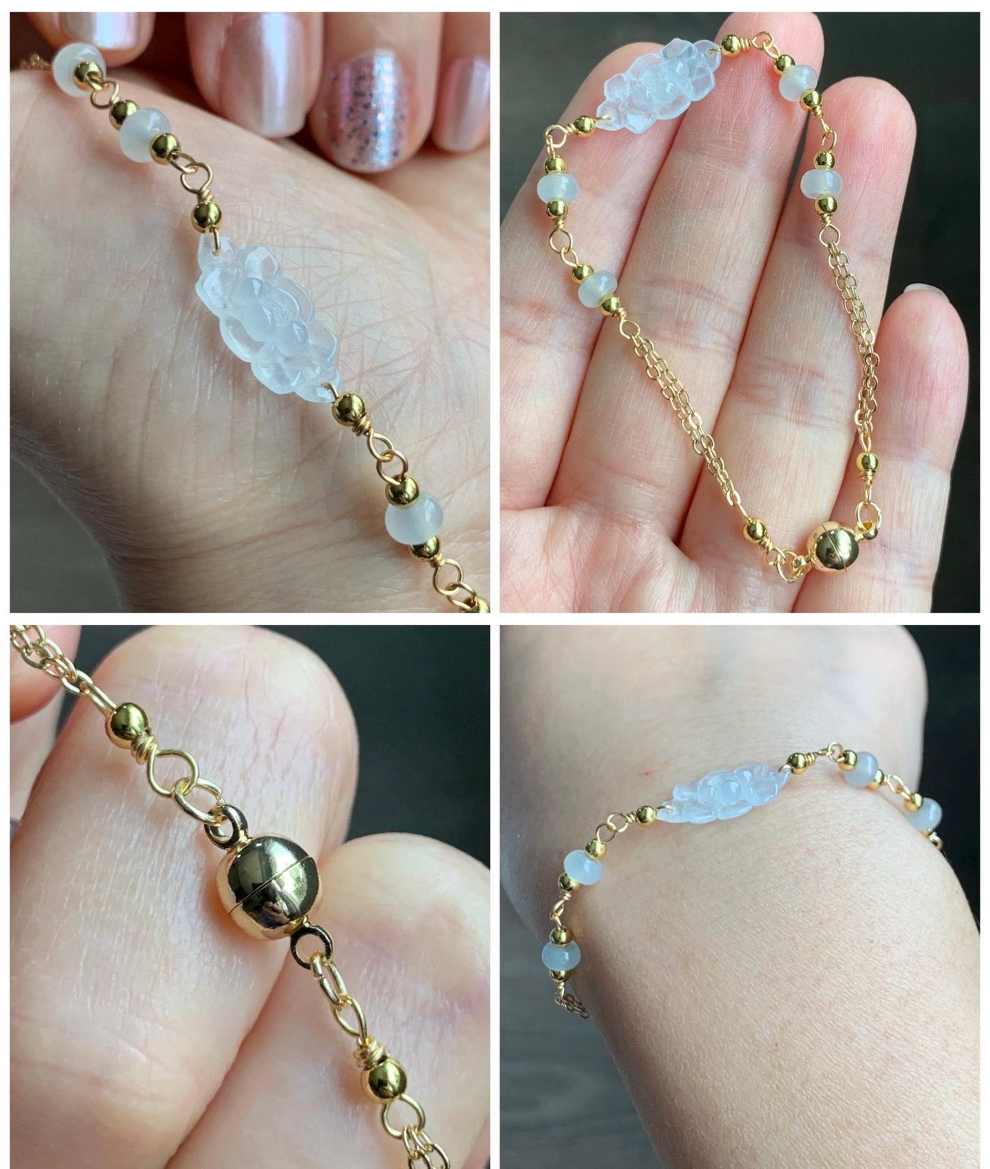 Natural Grade A Icy Highly Translucent White Jadeite Lotus Flower Chain Bracelet 14K Gold Filled Magnetic Clasp 6.25” 天然白冰翡翠莲花14K包金手链 BLK66B