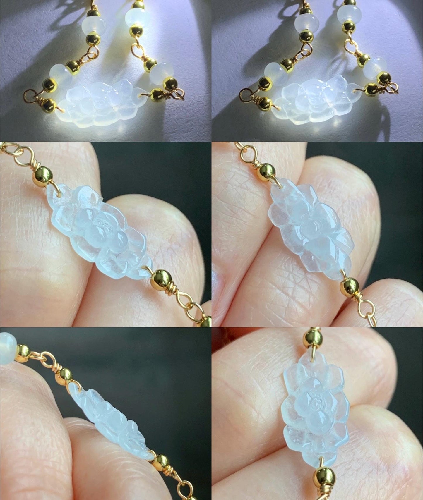 Natural Grade A Icy Highly Translucent White Jadeite Lotus Flower Chain Bracelet 14K Gold Filled Magnetic Clasp 6.25” 天然白冰翡翠莲花14K包金手链 BLK66B