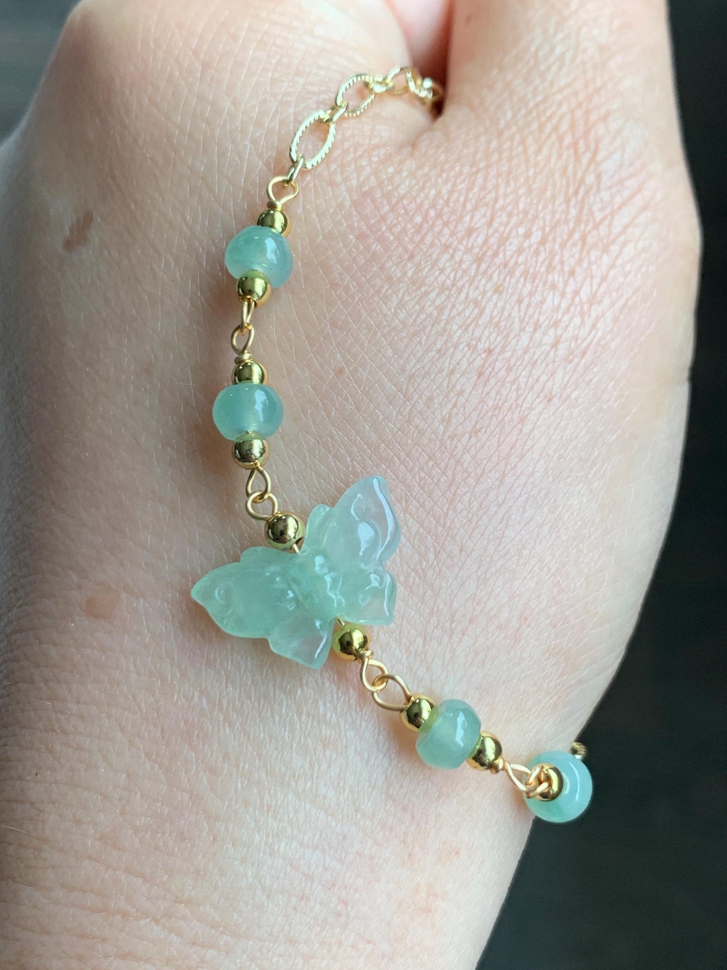 Natural Grade A Icy Highly Translucent Light Green Jadeite Butterfly Chain Bracelet 14K Gold Filled Adjustable 天然冰晴绿翡翠蝴蝶14K包金手链 QLH55