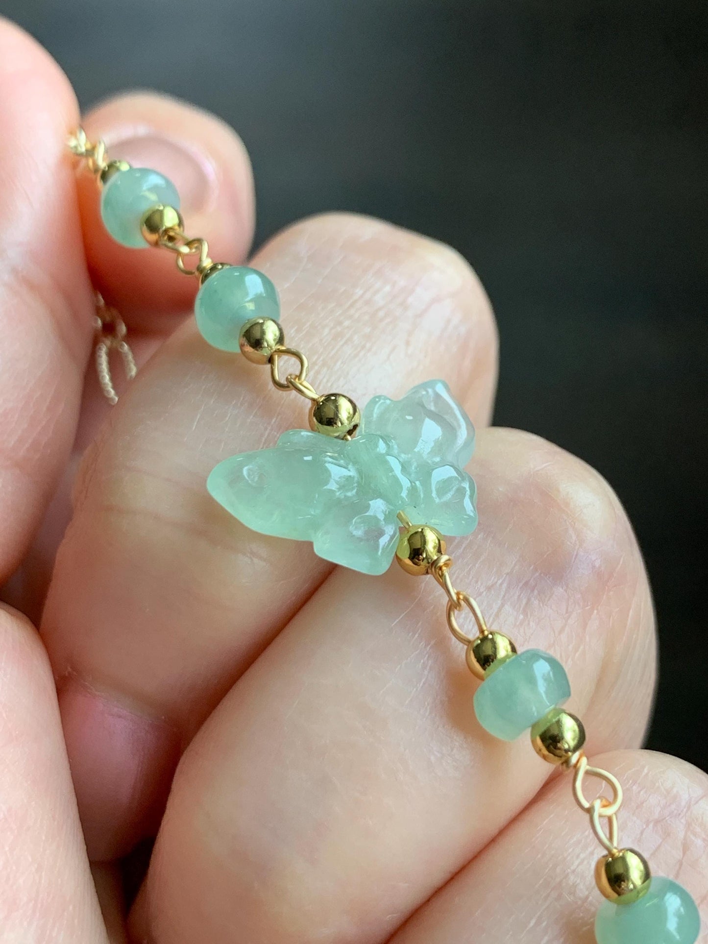 Natural Grade A Icy Highly Translucent Light Green Jadeite Butterfly Chain Bracelet 14K Gold Filled Adjustable 天然冰晴绿翡翠蝴蝶14K包金手链 QLH55