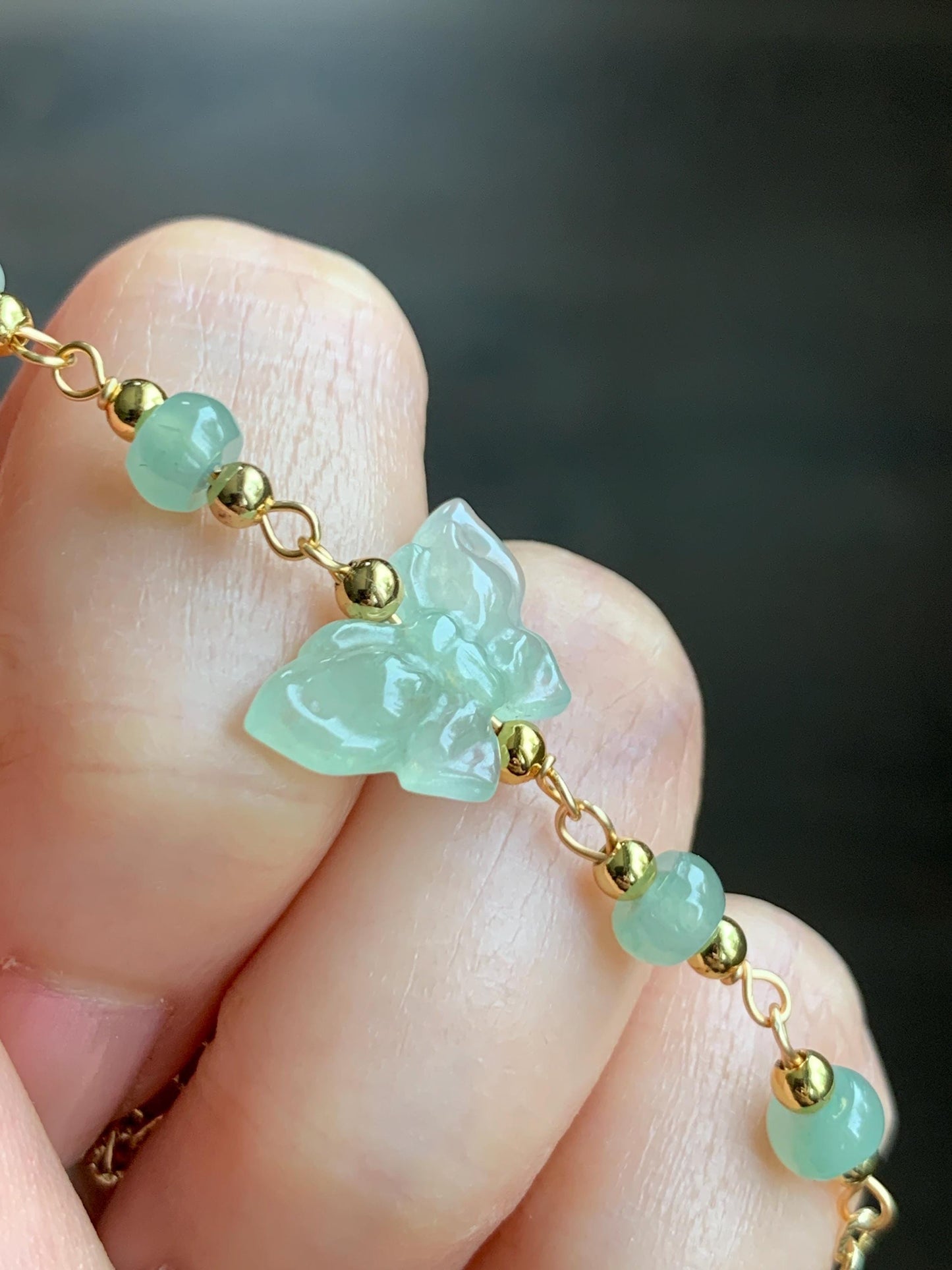 Natural Grade A Icy Highly Translucent Light Green Jadeite Butterfly Chain Bracelet 14K Gold Filled Adjustable 天然冰晴绿翡翠蝴蝶14K包金手链 QLH55