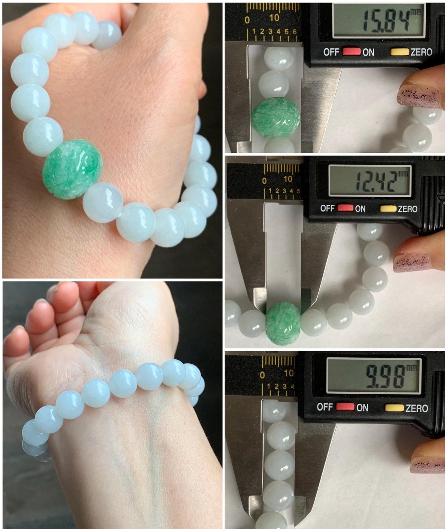 Natural Grade A Icy Translucent Green Marbled Jadeite Engraved Drum Bead Icy White Jadeite Beads Beaded Bracelet 7” 35g 天然冰绿花翡翠仿古雕鼓珠圆珠手串