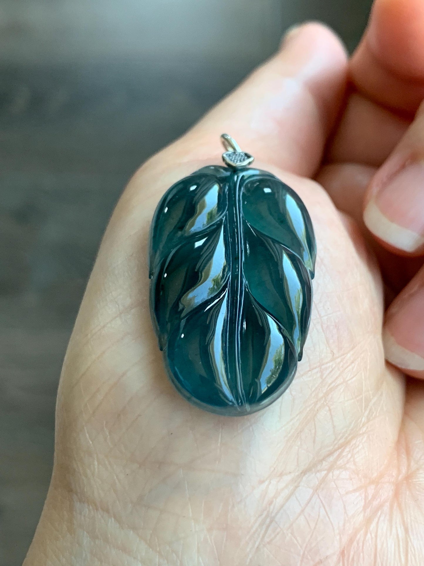 Natural Grade A Guatemalan Icy Highly Translucent Dark Teal Blue Jadeite Carved Leaf Pendant Sterling Silver 8g 天然冰胶危深蓝翡翠大叶有成银镶吊坠 LDY88