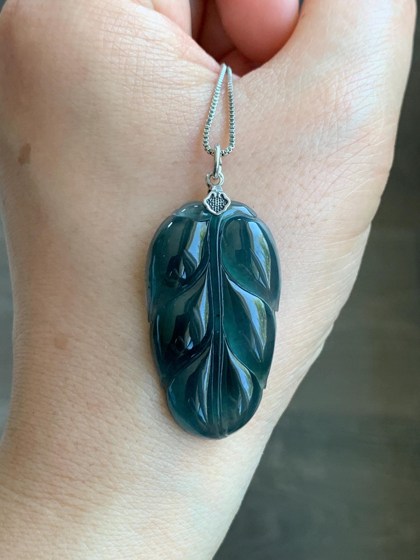 Natural Grade A Guatemalan Icy Highly Translucent Dark Teal Blue Jadeite Carved Leaf Pendant Sterling Silver 8g 天然冰胶危深蓝翡翠大叶有成银镶吊坠 LDY88