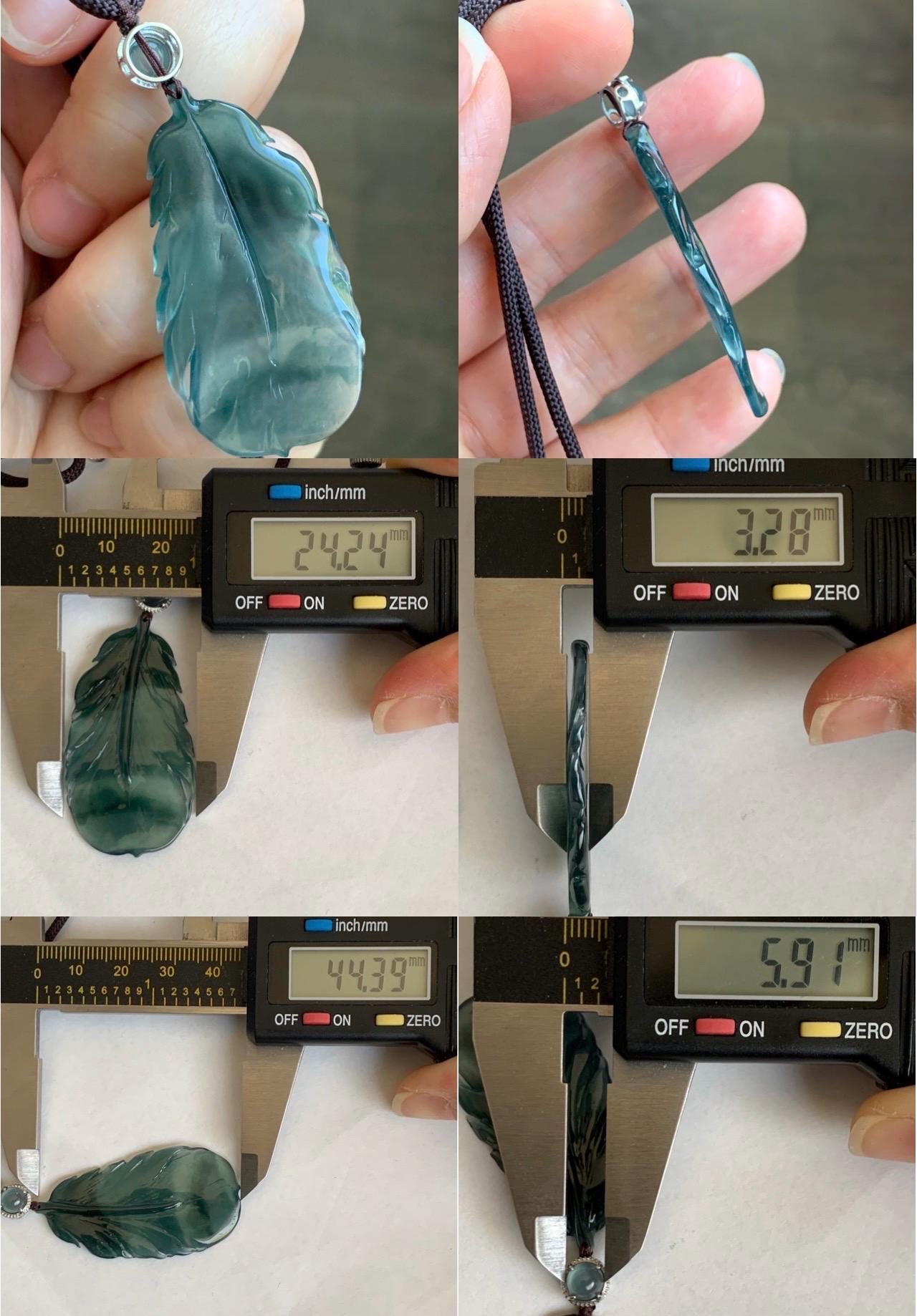 Natural Guatemalan Icy Highly Translucent Gelatinous Teal Green Jadeite Feather Pendant Rope Necklace 24" Sterling Silver 天然冰胶危湖水蓝翡翠羽毛吊坠