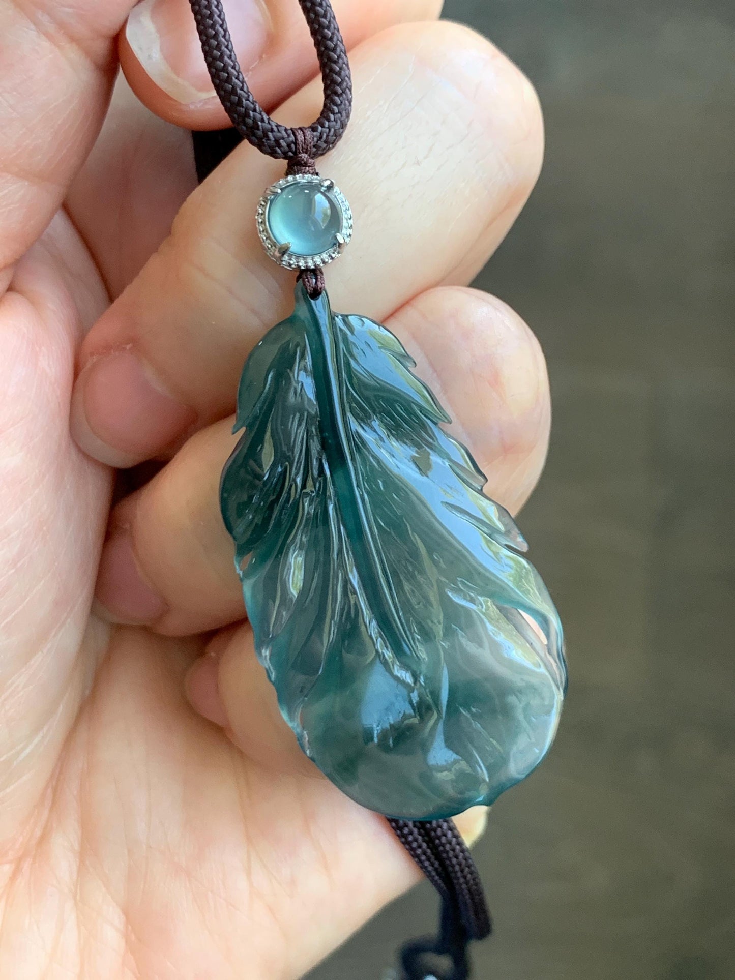 Natural Guatemalan Icy Highly Translucent Gelatinous Teal Green Jadeite Feather Pendant Rope Necklace 24" Sterling Silver 天然冰胶危湖水蓝翡翠羽毛吊坠