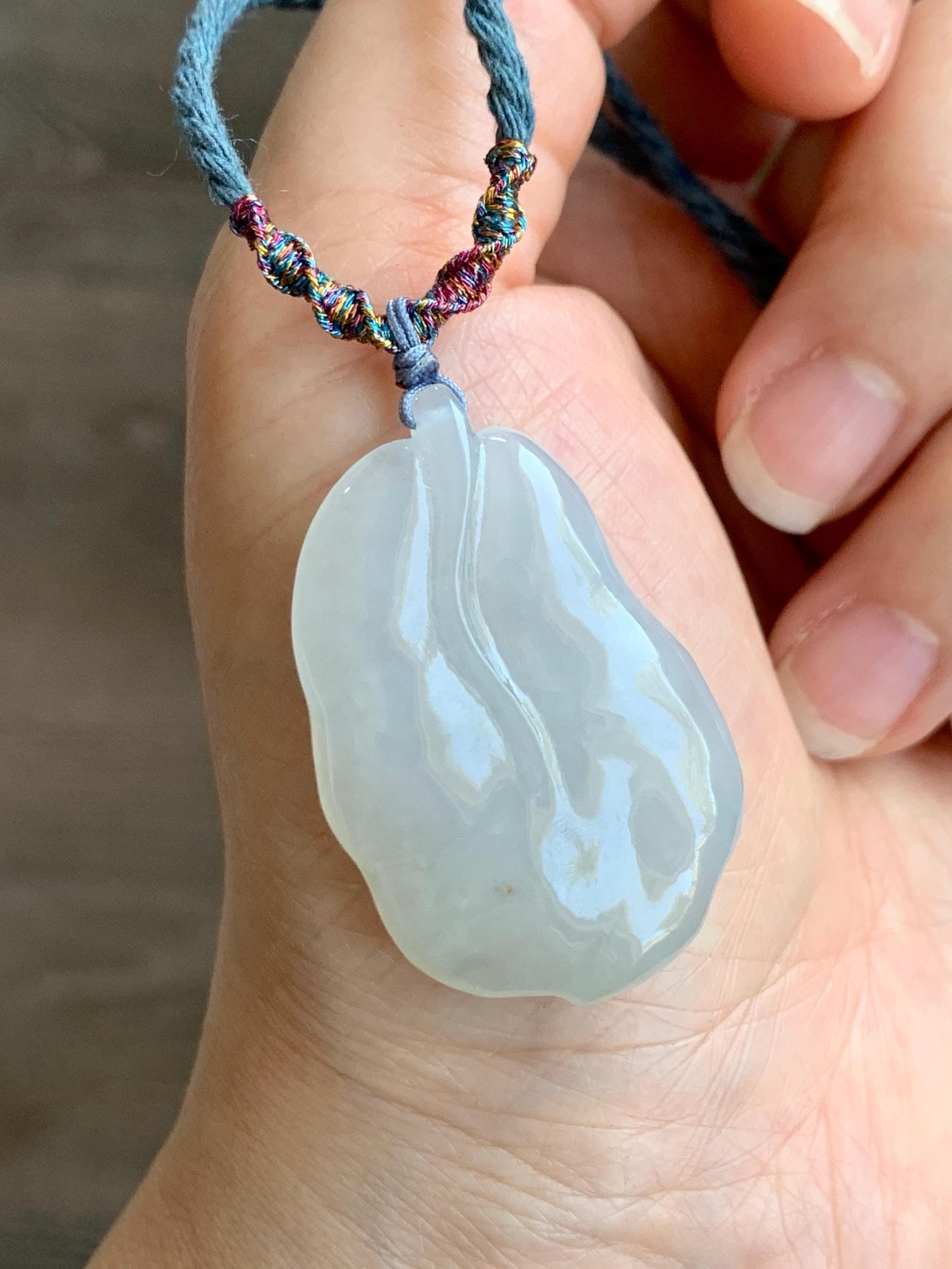 Natural Grade A Icy Translucent Gelatinous Pastel Green Jadeite Leaf Pendant Rope Necklace 25" Adjustable 14g 天然老种冰晴底翡翠大叶有成吊坠项链 MBY220