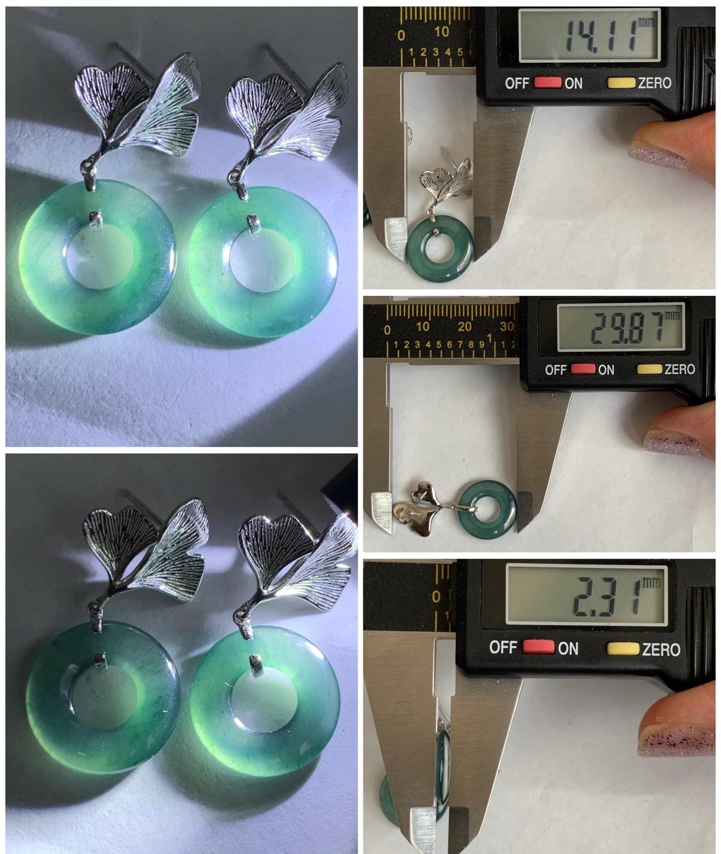 Natural Guatemalan Icy Highly Translucent Dark Teal Blue Jadeite Ping An Kou Donut Stud Earrings Sterling Silver 天然冰危深蓝绿翡翠平安扣银杏叶耳钉 YYX110