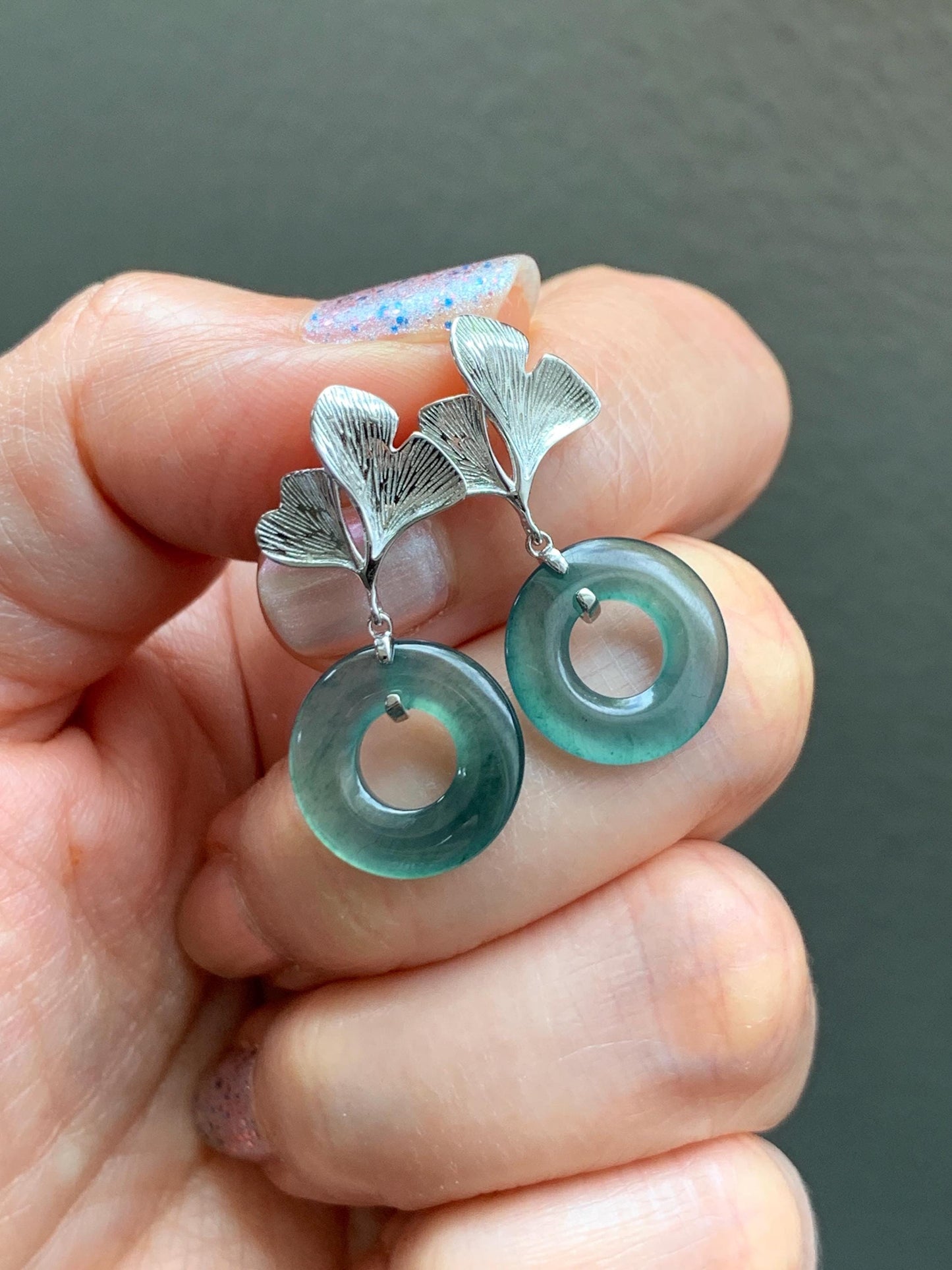 Natural Guatemalan Icy Highly Translucent Dark Teal Blue Jadeite Ping An Kou Donut Stud Earrings Sterling Silver 天然冰危深蓝绿翡翠平安扣银杏叶耳钉 YYX110