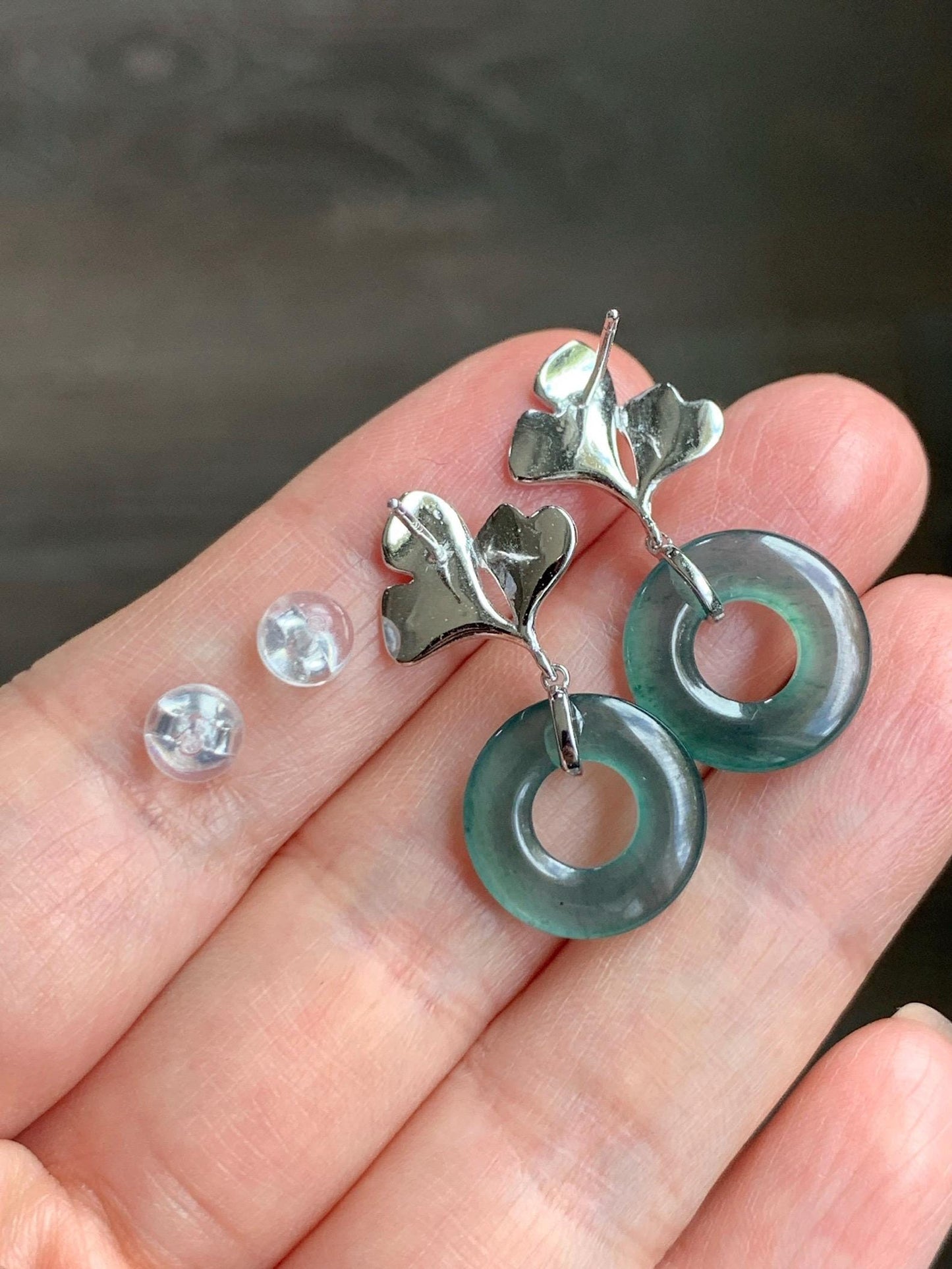 Natural Guatemalan Icy Highly Translucent Dark Teal Blue Jadeite Ping An Kou Donut Stud Earrings Sterling Silver 天然冰危深蓝绿翡翠平安扣银杏叶耳钉 YYX110