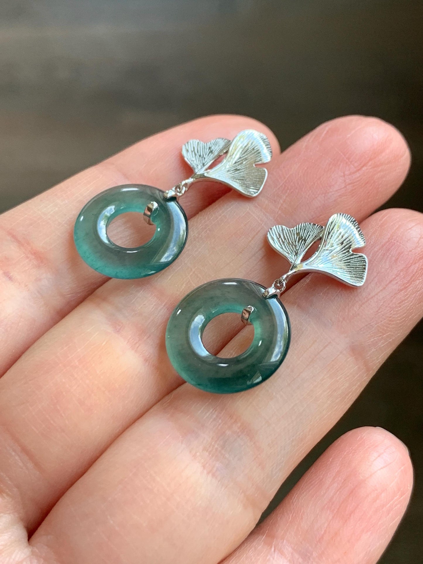 Natural Guatemalan Icy Highly Translucent Dark Teal Blue Jadeite Ping An Kou Donut Stud Earrings Sterling Silver 天然冰危深蓝绿翡翠平安扣银杏叶耳钉 YYX110