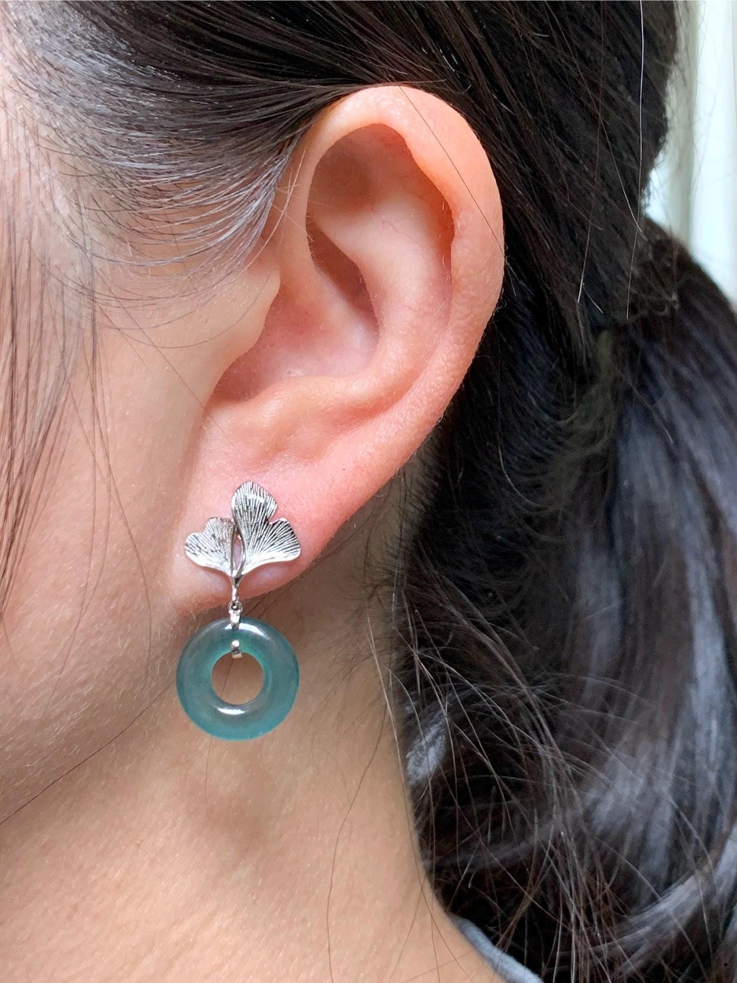 Natural Guatemalan Icy Highly Translucent Dark Teal Blue Jadeite Ping An Kou Donut Stud Earrings Sterling Silver 天然冰危深蓝绿翡翠平安扣银杏叶耳钉 YYX110