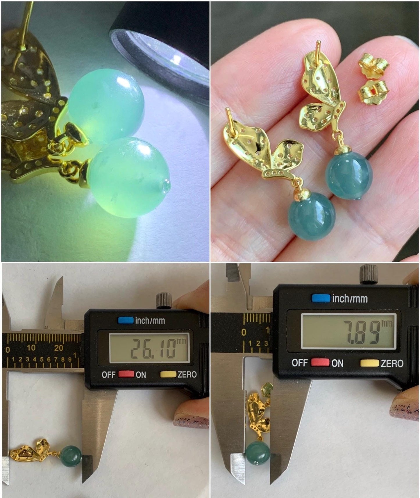 Natural Guatemalan Grade A Icy Highly Translucent Teal Blue Jadeite Beads Butterfly Stud Dangle Earrings Sterling Silver 天然冰危蓝翡翠圆珠耳钉 HDZ77G