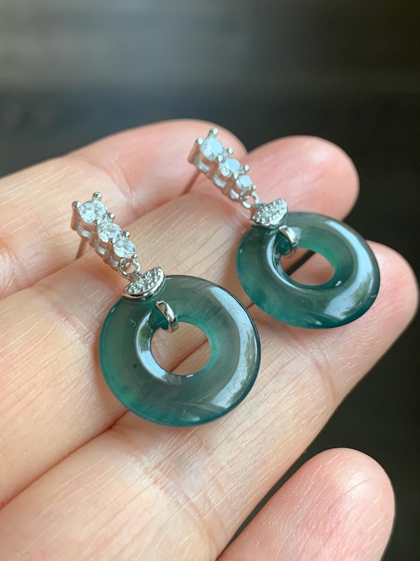 Natural Guatemalan Icy Highly Translucent Dark Teal Blue Jadeite Ping An Kou Donut Stud Earrings Sterling Silver 天然冰危深蓝绿翡翠平安扣耳钉 PKG110