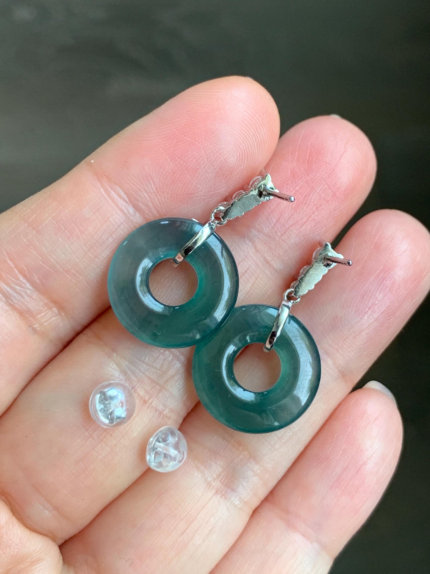 Natural Guatemalan Icy Highly Translucent Dark Teal Blue Jadeite Ping An Kou Donut Stud Earrings Sterling Silver 天然冰危深蓝绿翡翠平安扣耳钉 PKG110