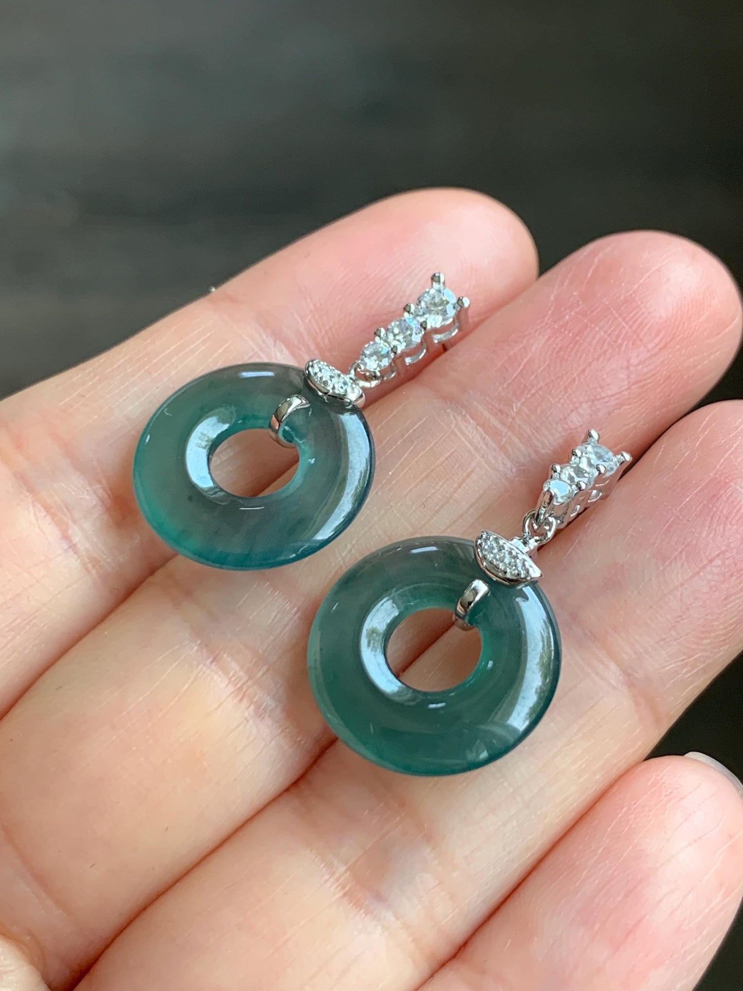 Natural Guatemalan Icy Highly Translucent Dark Teal Blue Jadeite Ping An Kou Donut Stud Earrings Sterling Silver 天然冰危深蓝绿翡翠平安扣耳钉 PKG110