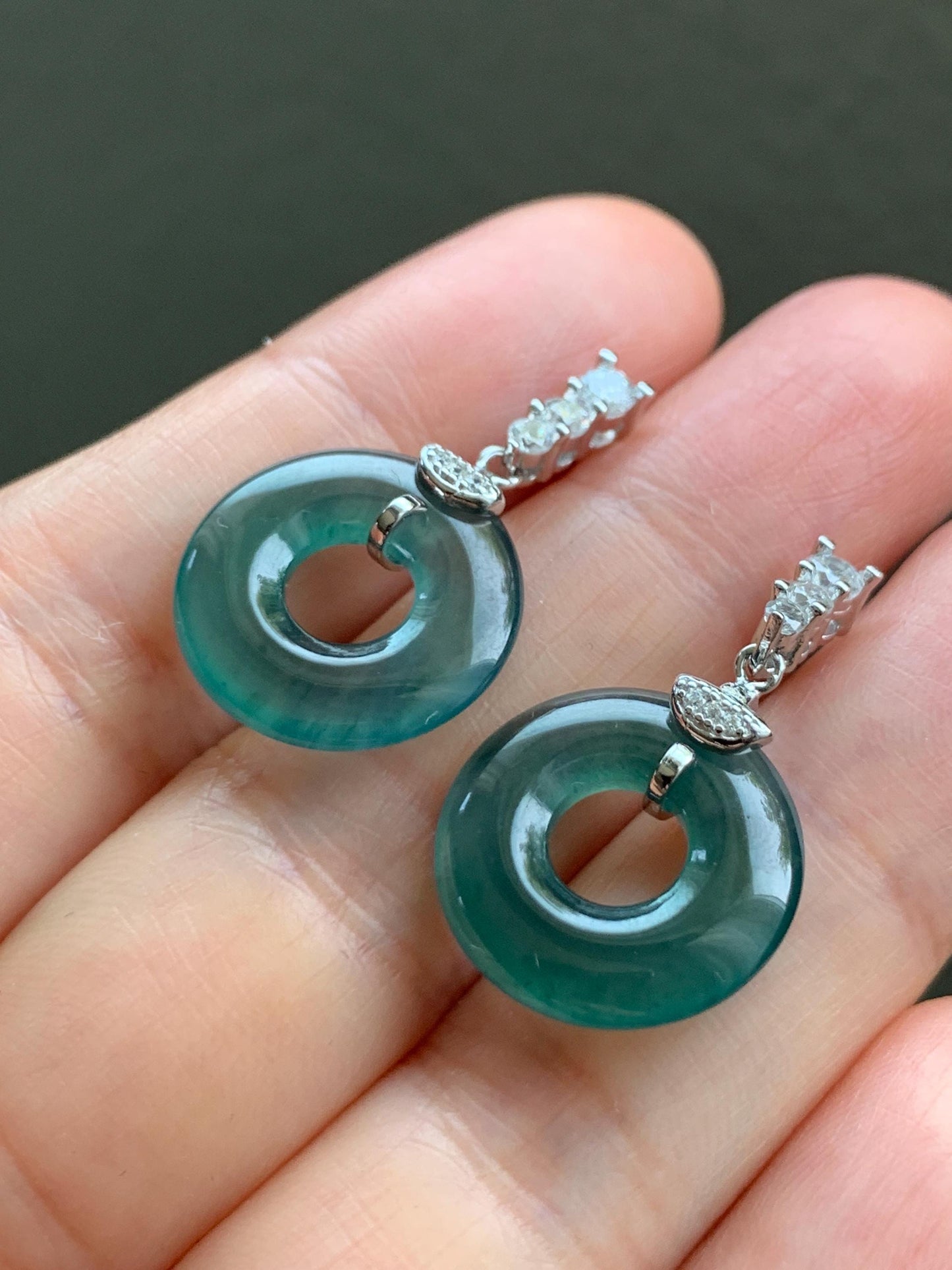 Natural Guatemalan Icy Highly Translucent Dark Teal Blue Jadeite Ping An Kou Donut Stud Earrings Sterling Silver 天然冰危深蓝绿翡翠平安扣耳钉 PKG110