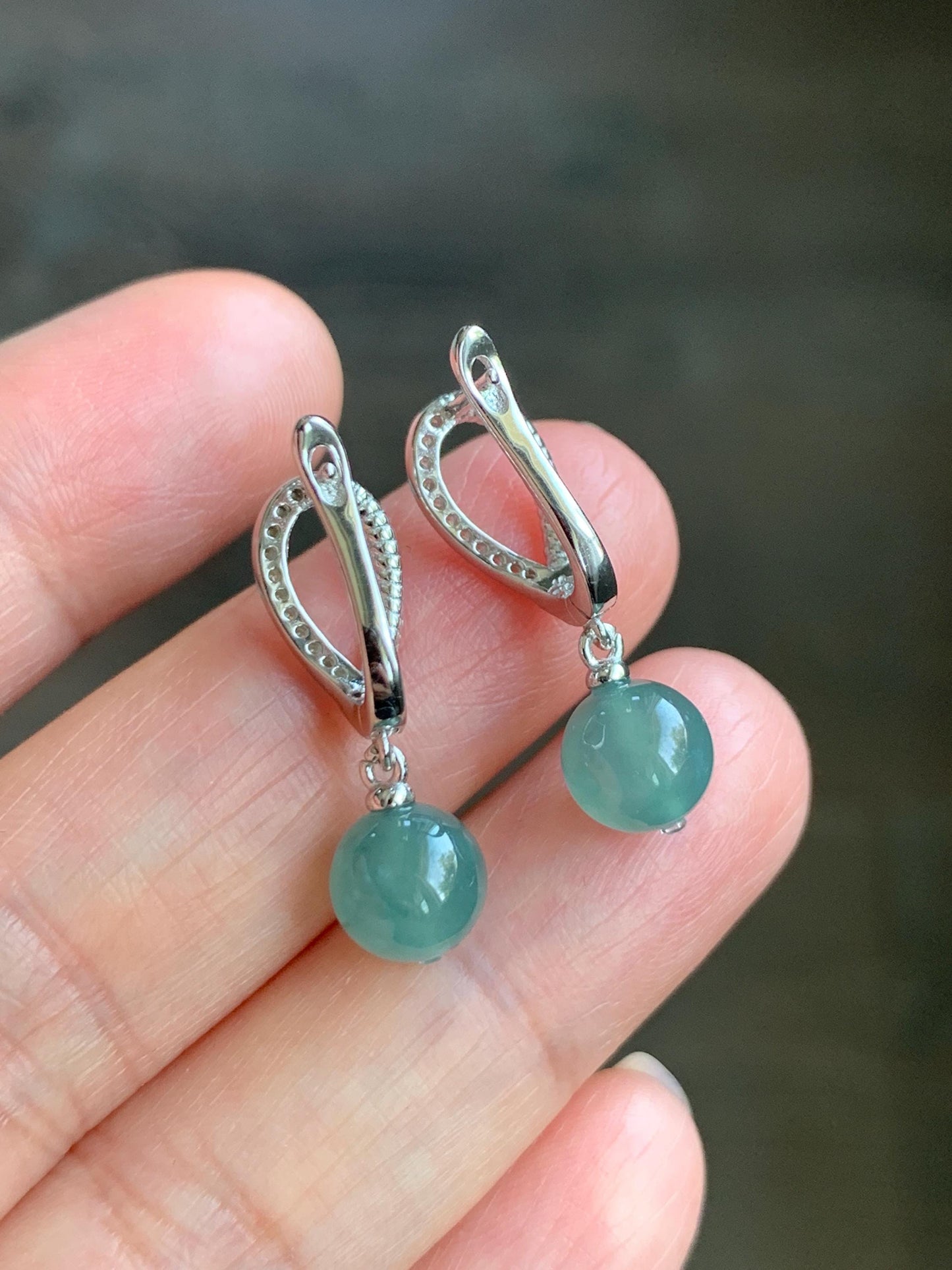 Natural Grade A Guatemalan Icy Highly Translucent Teal Blue Jadeite Beads Lever Back Dangle Earrings Sterling Silver 天然高冰危蓝翡翠圆珠耳钩 EBZ77A