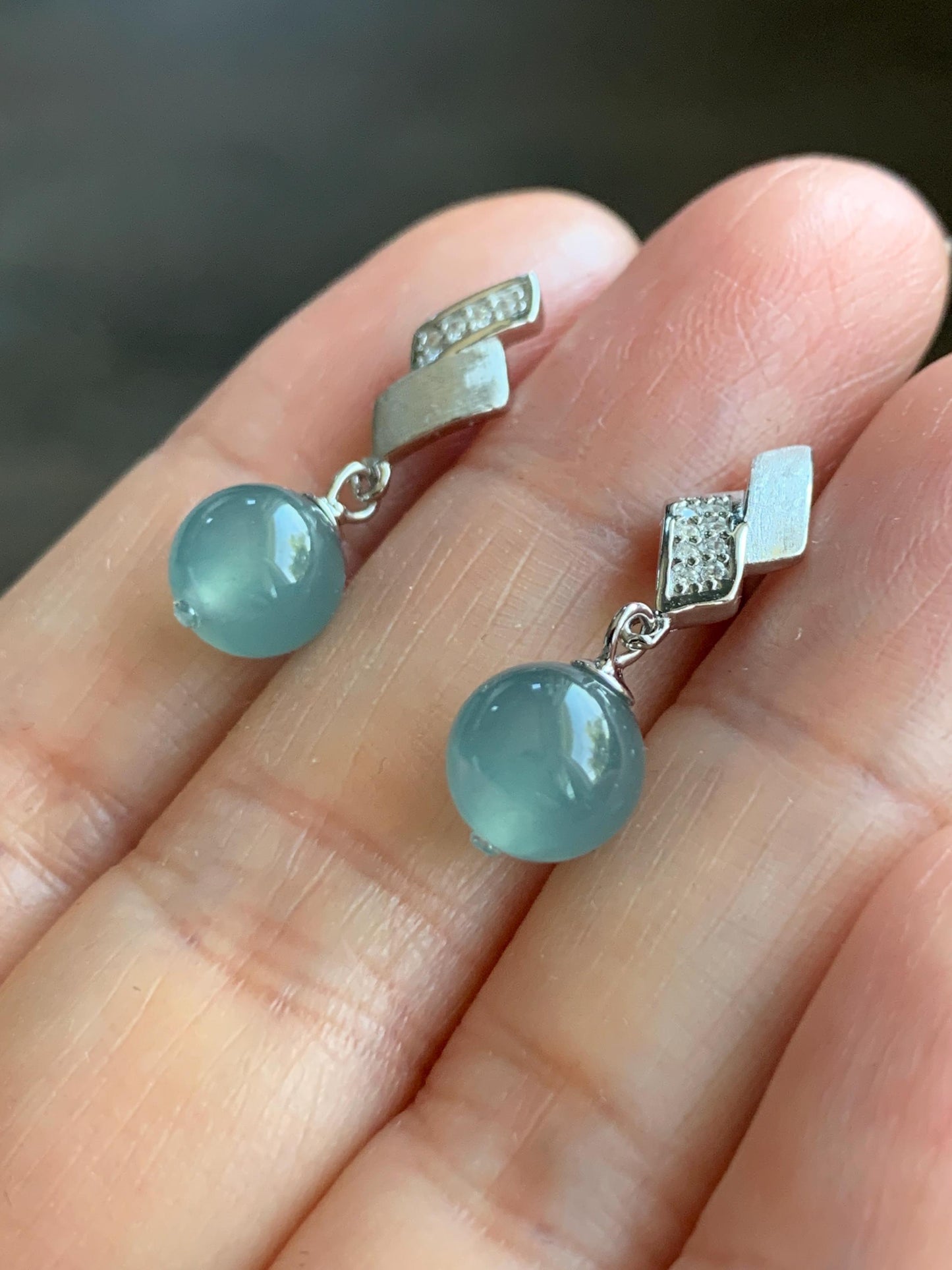 Natural Grade A Guatemalan Icy Highly Translucent Light Teal Blue Jadeite Beads Stud Dangle Earrings Sterling Silver 天然冰危浅蓝翡翠圆珠耳钉 BPS77B