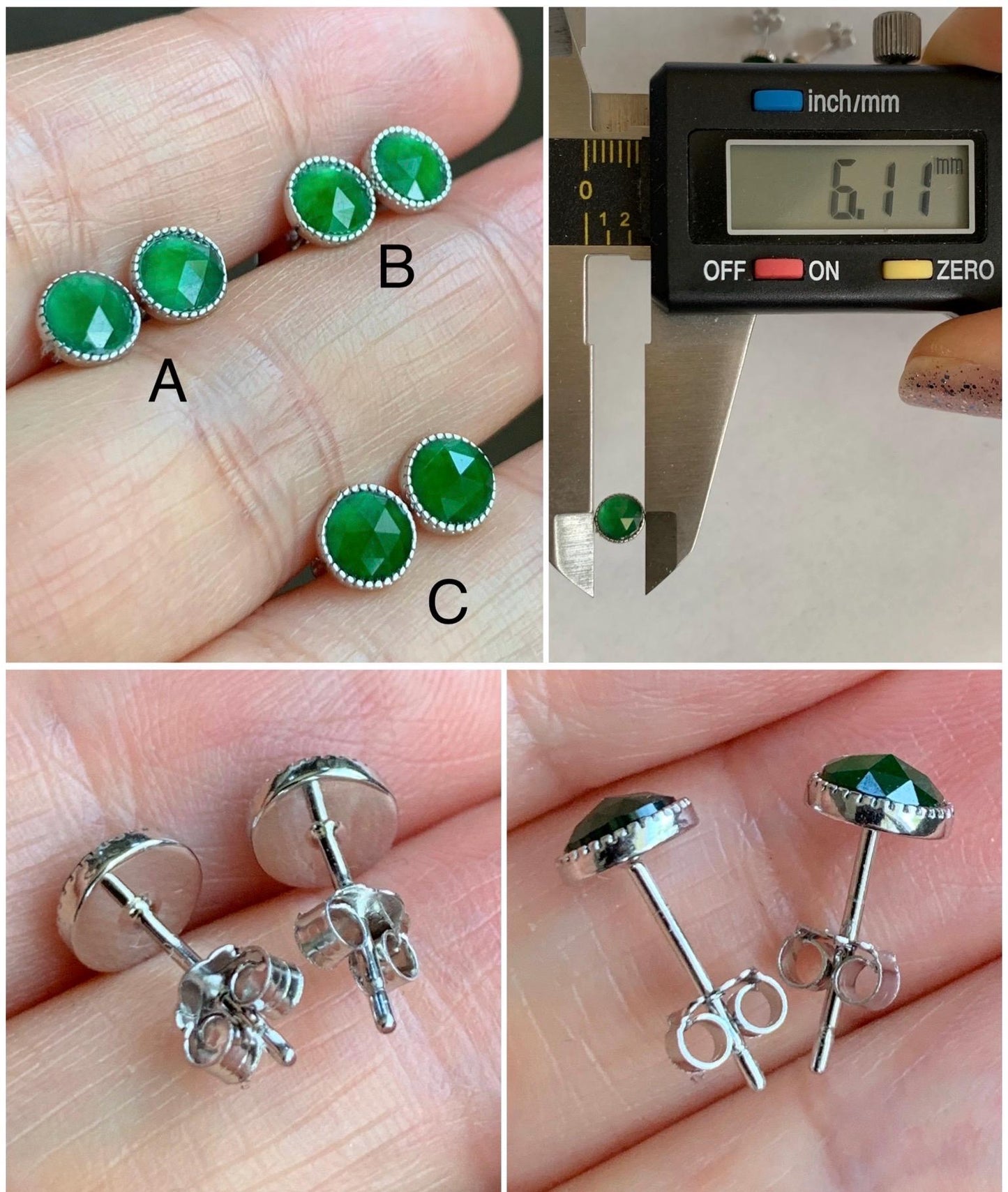 Natural Grade A Guatemalan Icy Translucent Vibrant Green Jadeite Triangle Faceted Petite Stud Earrings Sterling Silver 天然冰危绿翡翠切割面银镶耳钉 QGL55