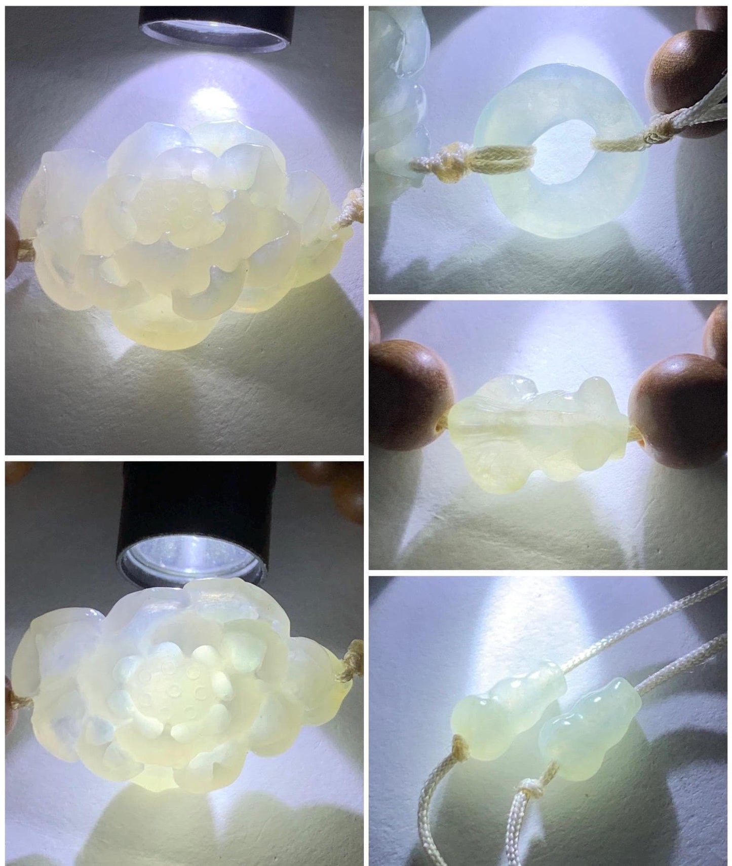 Natural Icy Translucent Light Beige Jade Jadeite 3D Lotus Flower Donut Goldfish Wood Beads Beaded Bracelet 6.75” 天然起胶冰藕粉翡翠莲花木珠手串 OFL180