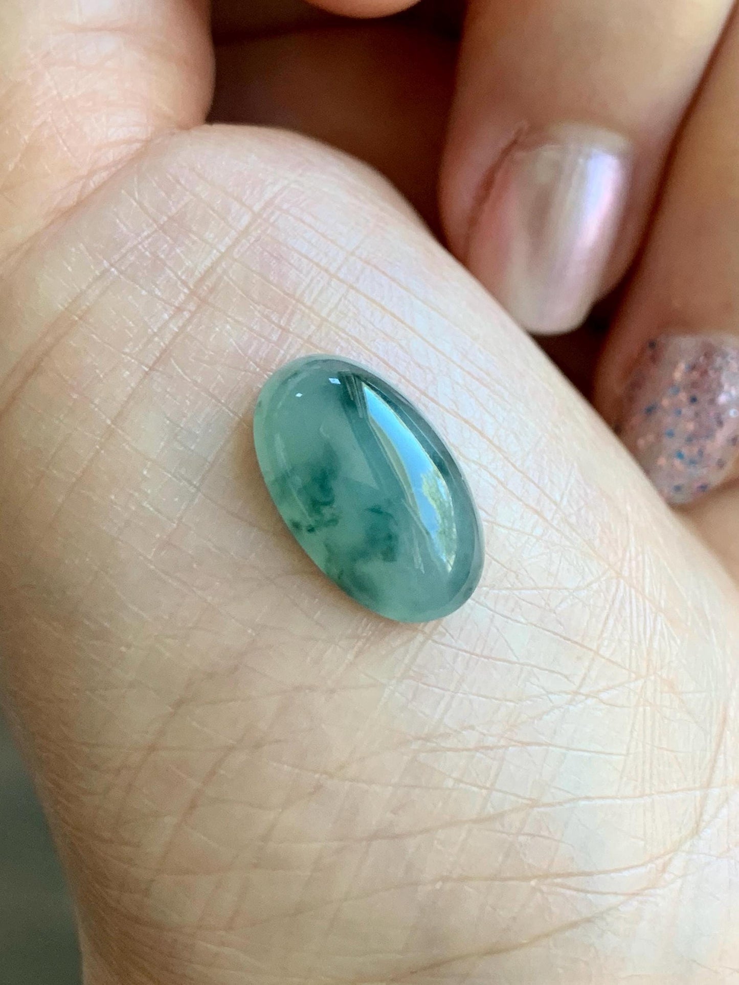 Natural Grade A Icy Translucent Gelatinous Green Marbled Jade Jadeite Oval Cabochon Loose Stone 9.8x16x5.66mm 天然冰胶飘花翡翠椭圆大蛋面 PHM88