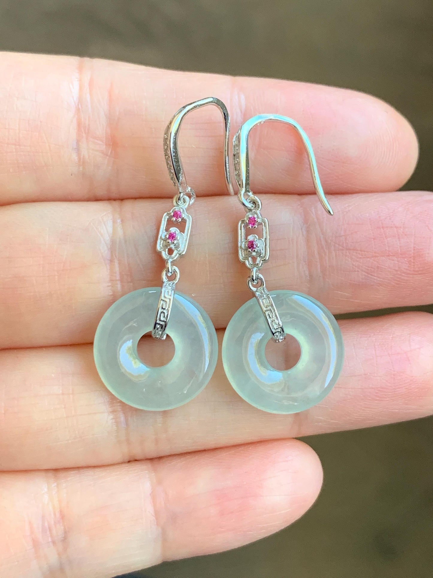 Natural Grade A Icy Highly Translucent Pastel Green Jade Jadeite Ping An Kou Donut Dangle Earrings Sterling Silver 天然起光冰晴底翡翠平安扣镶嵌耳钩 MQK188