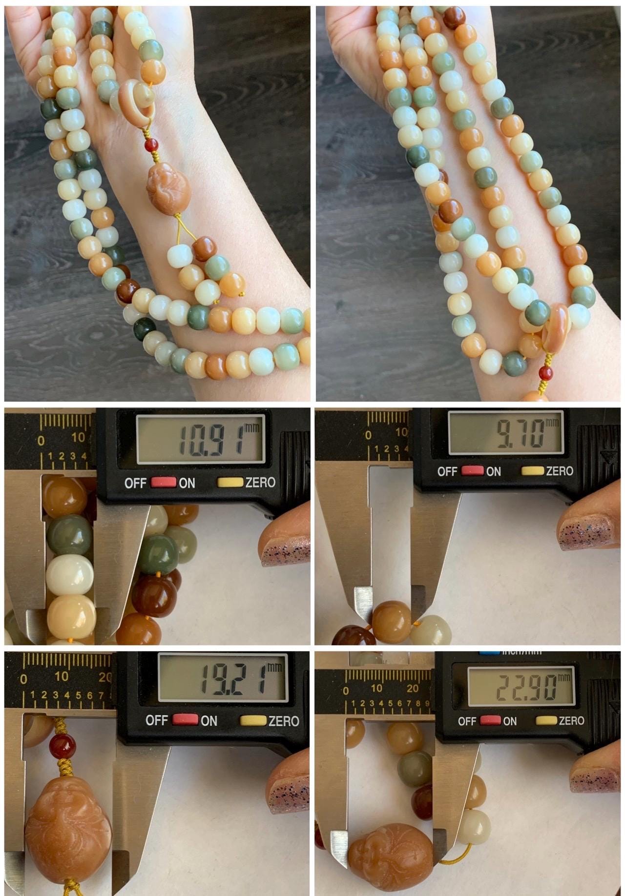 Natural Genuine Multicolored Carved Drum Beads & Buddha Charm Beaded Mala Prayer Beaded Necklace 42” 119g 天然多宝菩提珠长串 DBPT140