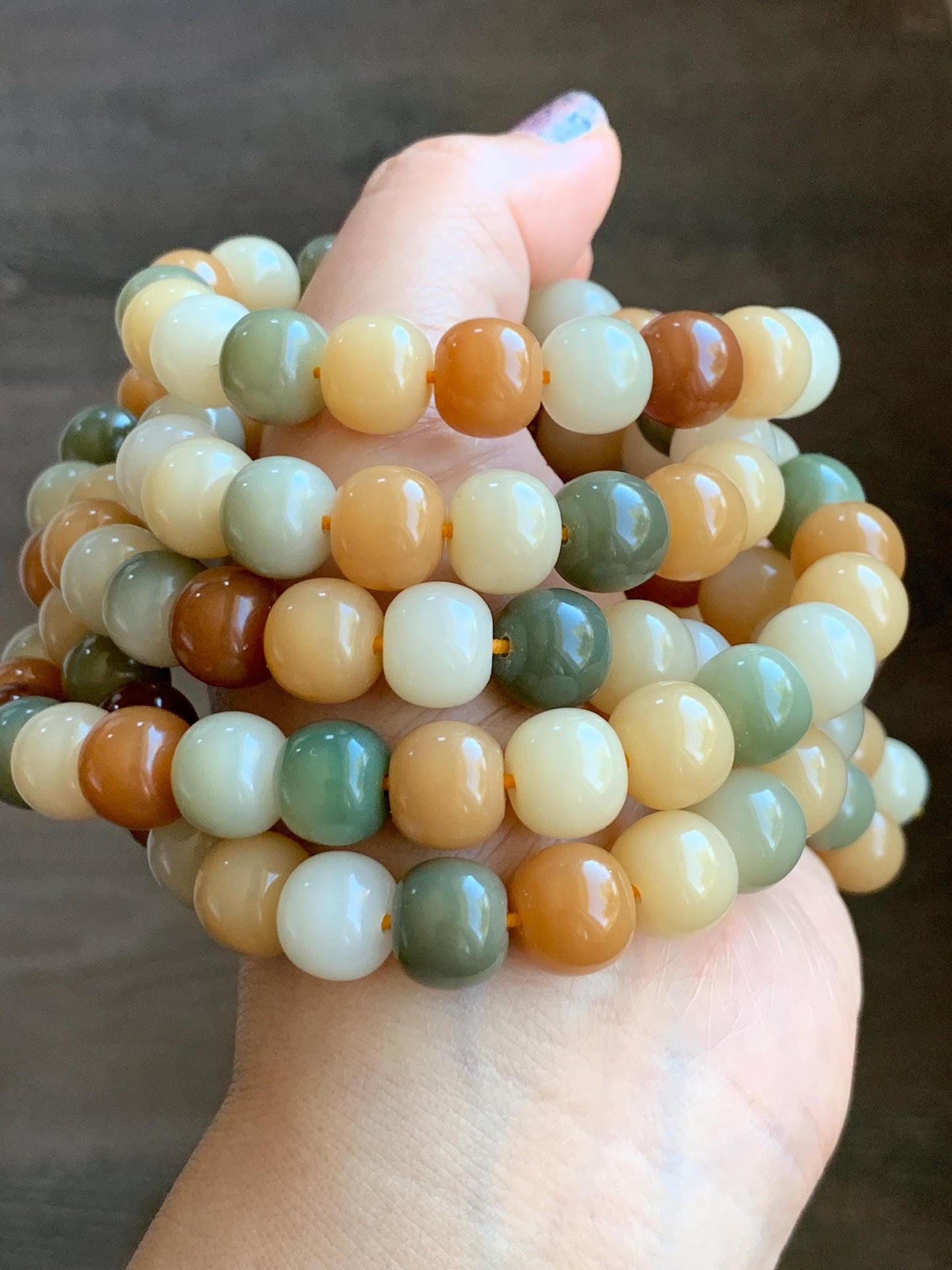 Natural Genuine Multicolored Carved Drum Beads & Buddha Charm Beaded Mala Prayer Beaded Necklace 42” 119g 天然多宝菩提珠长串 DBPT140
