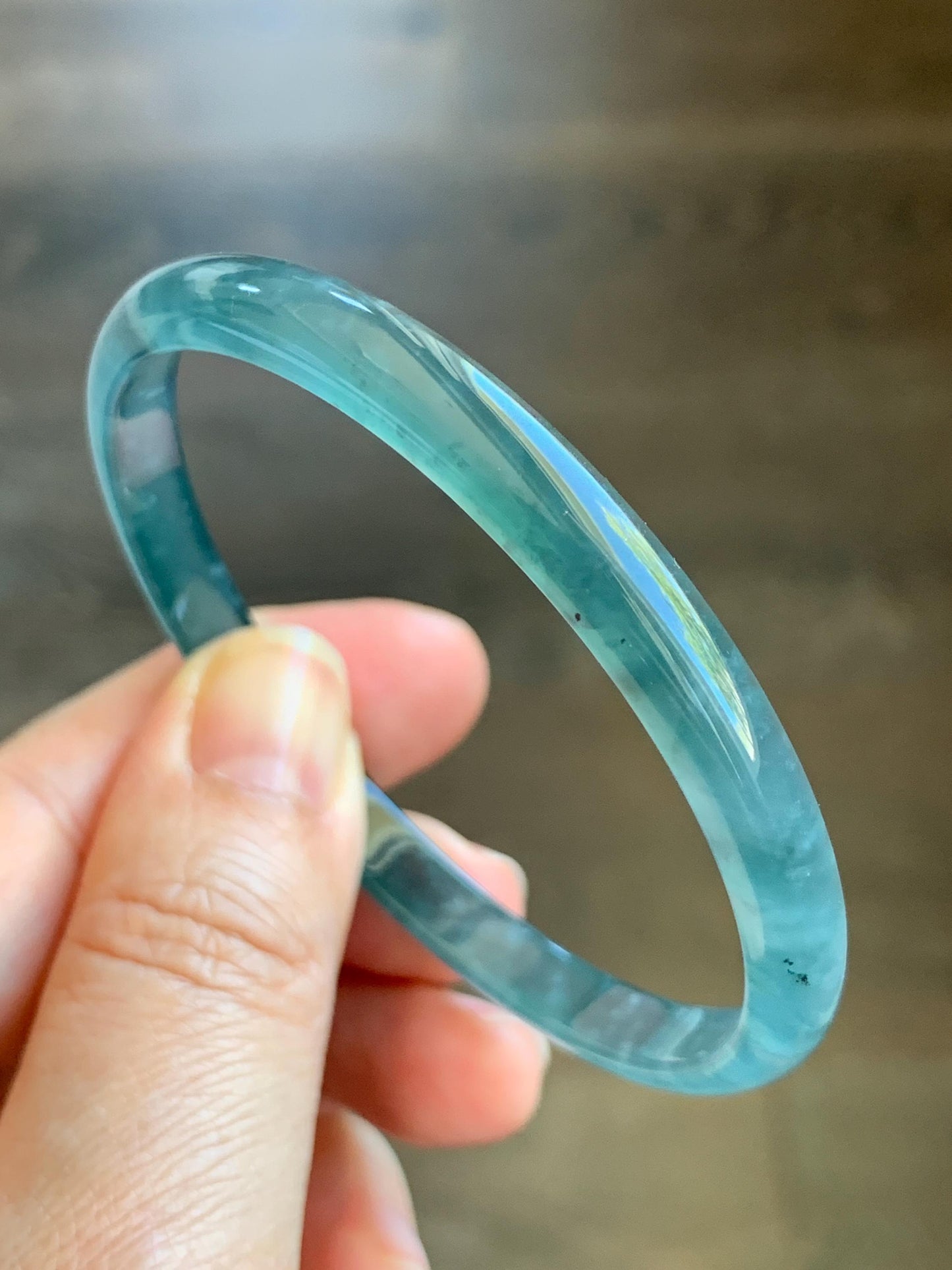 Certified Natural Grade A Guatemalan Icy Highly Translucent Gelatinous Teal Blue Jade Jadeite Slim Bangle 58.7mm 16.33g 天然老种冰胶危蓝翡翠细条手镯 1134