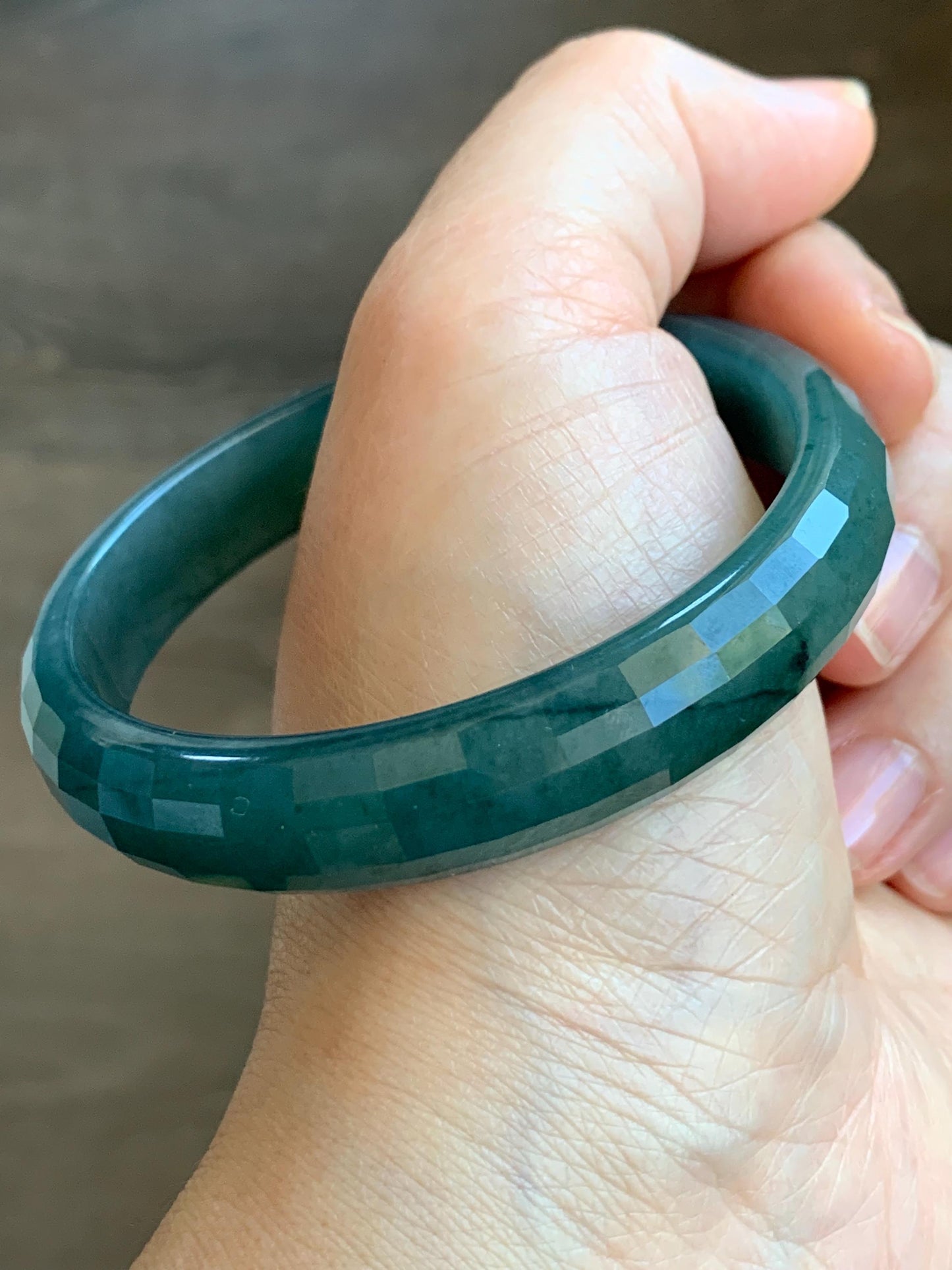 Certified Natural Grade A Guatemalan Icy Translucent Dark Blue Jade Jadeite Faceted Bangle 56.8mm 38.5mm 11.8x5.8mm 天然老种冰危深蓝绿翡翠正圈切割面手镯 1355