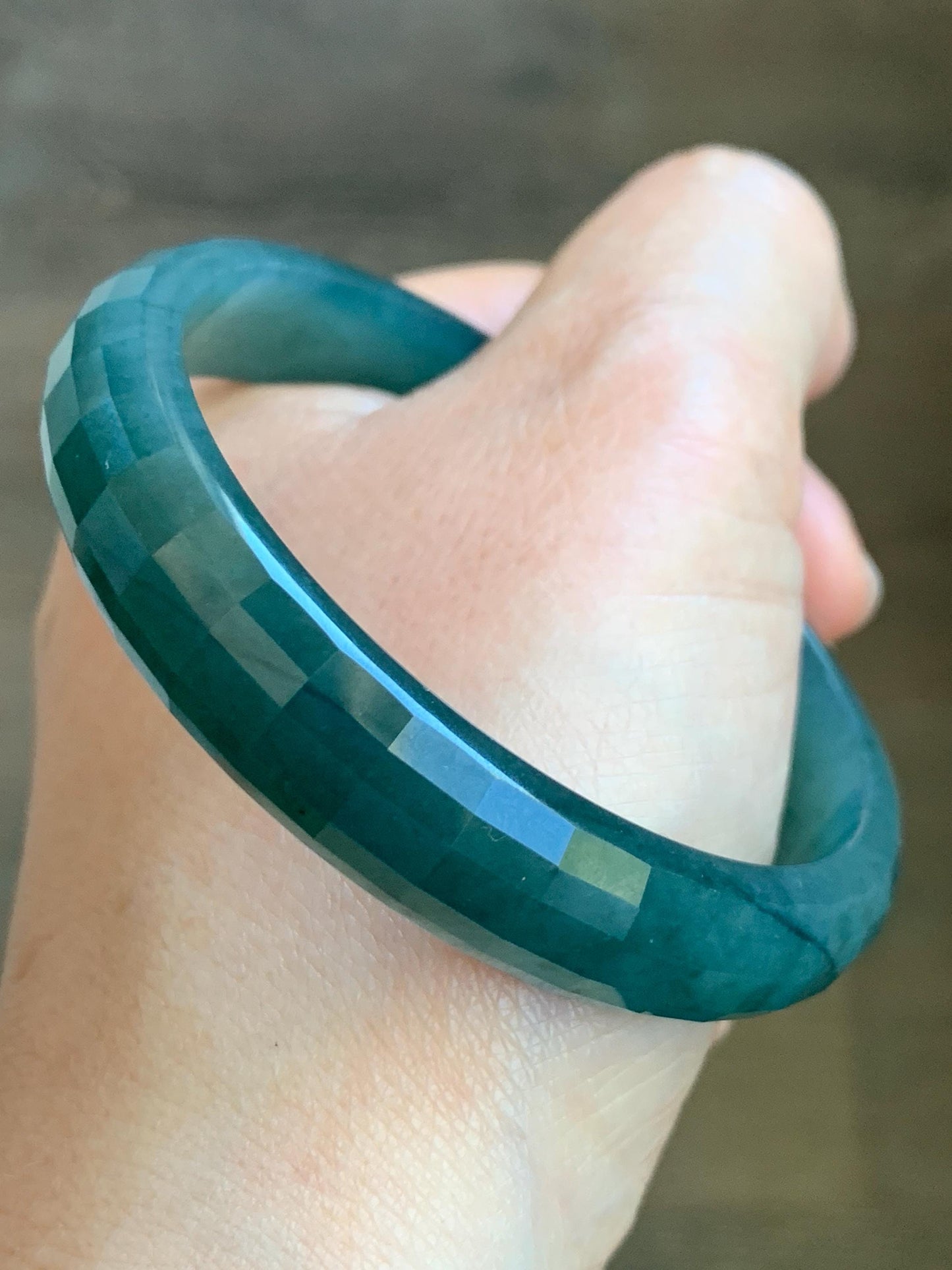 Certified Natural Grade A Guatemalan Icy Translucent Dark Blue Jade Jadeite Faceted Bangle 56.8mm 38.5mm 11.8x5.8mm 天然老种冰危深蓝绿翡翠正圈切割面手镯 1355