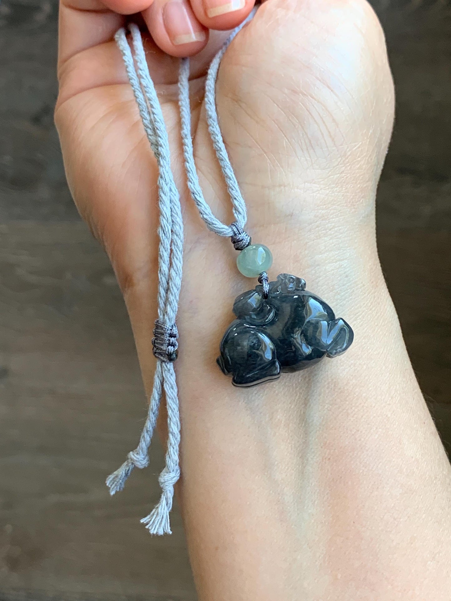 Natural Grade A Icy Translucent Gelatinous Dark Wuji Jade Jadeite Carved Tang Horse Pendant Rope Necklace 26" 11g 天然冰透乌鸡翡翠唐马吊坠挂件 TMW407