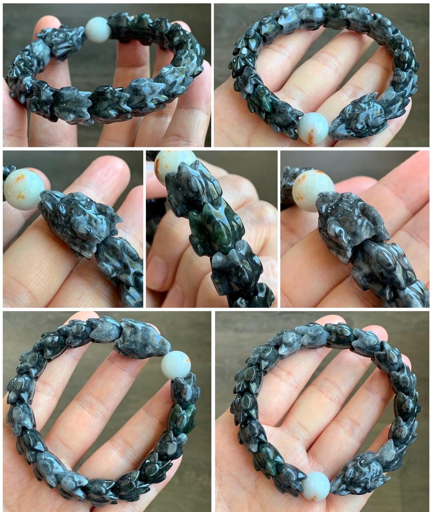 Natural Grade A Icy Wuji Jadeite Carved Dragon Bone & Icy Translucent Red Marbled Jadeite Bead Beaded Bracelet 7.75" 55g 天然乌鸡翡翠龙骨撒金翡翠珠手串 WLG