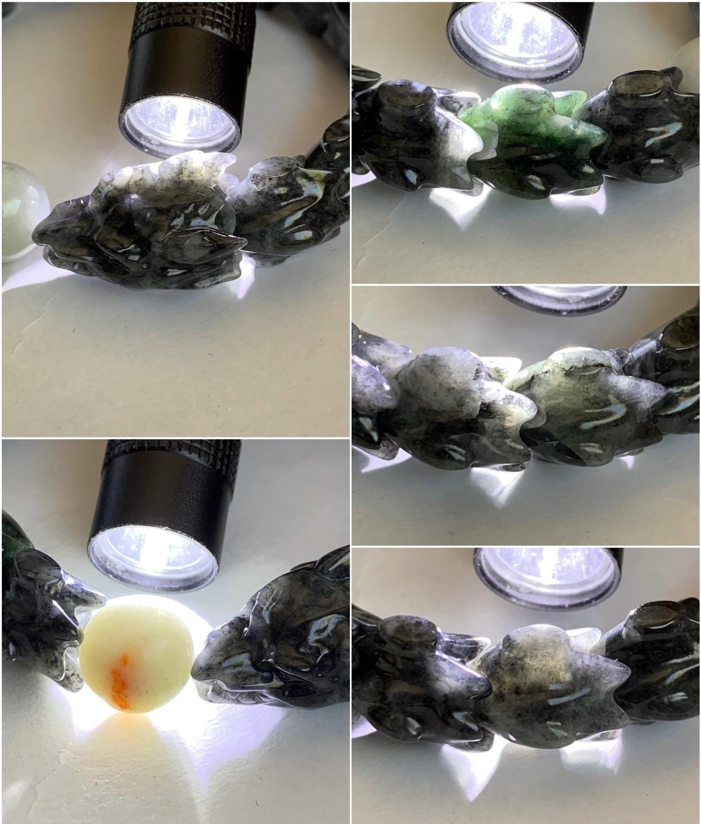 Natural Grade A Icy Wuji Jadeite Carved Dragon Bone & Icy Translucent Red Marbled Jadeite Bead Beaded Bracelet 7.75" 55g 天然乌鸡翡翠龙骨撒金翡翠珠手串 WLG