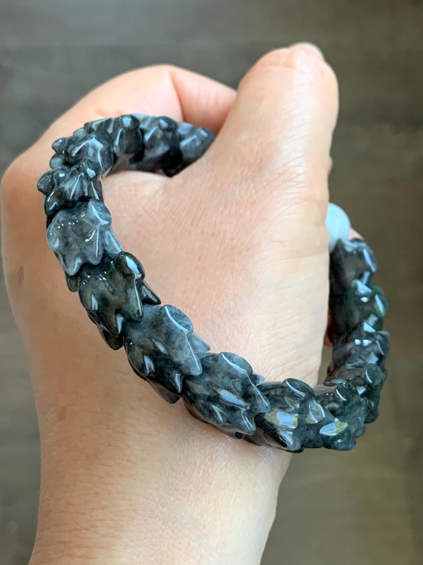 Natural Grade A Icy Wuji Jadeite Carved Dragon Bone & Icy Translucent Red Marbled Jadeite Bead Beaded Bracelet 7.75" 55g 天然乌鸡翡翠龙骨撒金翡翠珠手串 WLG