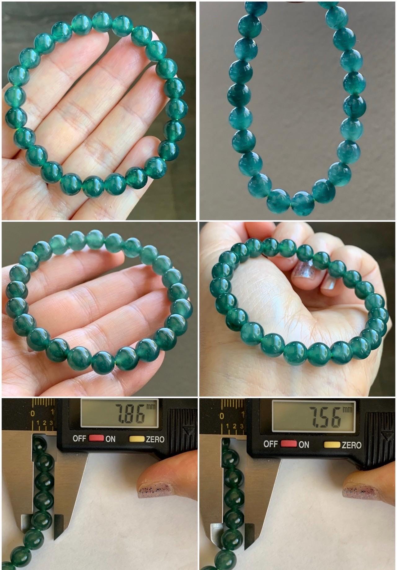 Natural Grade A Guatemalan Icy Highly Translucent Gelatinous Teal Green Jade Jadeite Beaded Bracelet 7.5-7.8mm 7” 19g 天然老种冰危蓝绿翡翠手串 ZKWS
