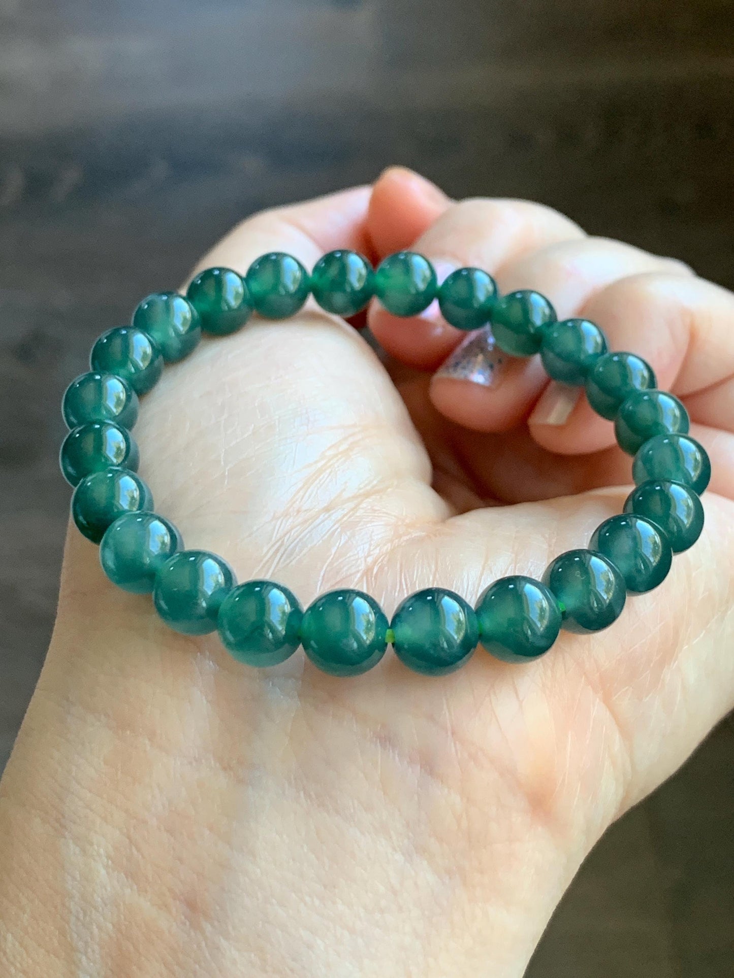 Natural Grade A Guatemalan Icy Highly Translucent Gelatinous Teal Green Jade Jadeite Beaded Bracelet 7.5-7.8mm 7” 19g 天然老种冰危蓝绿翡翠手串 ZKWS