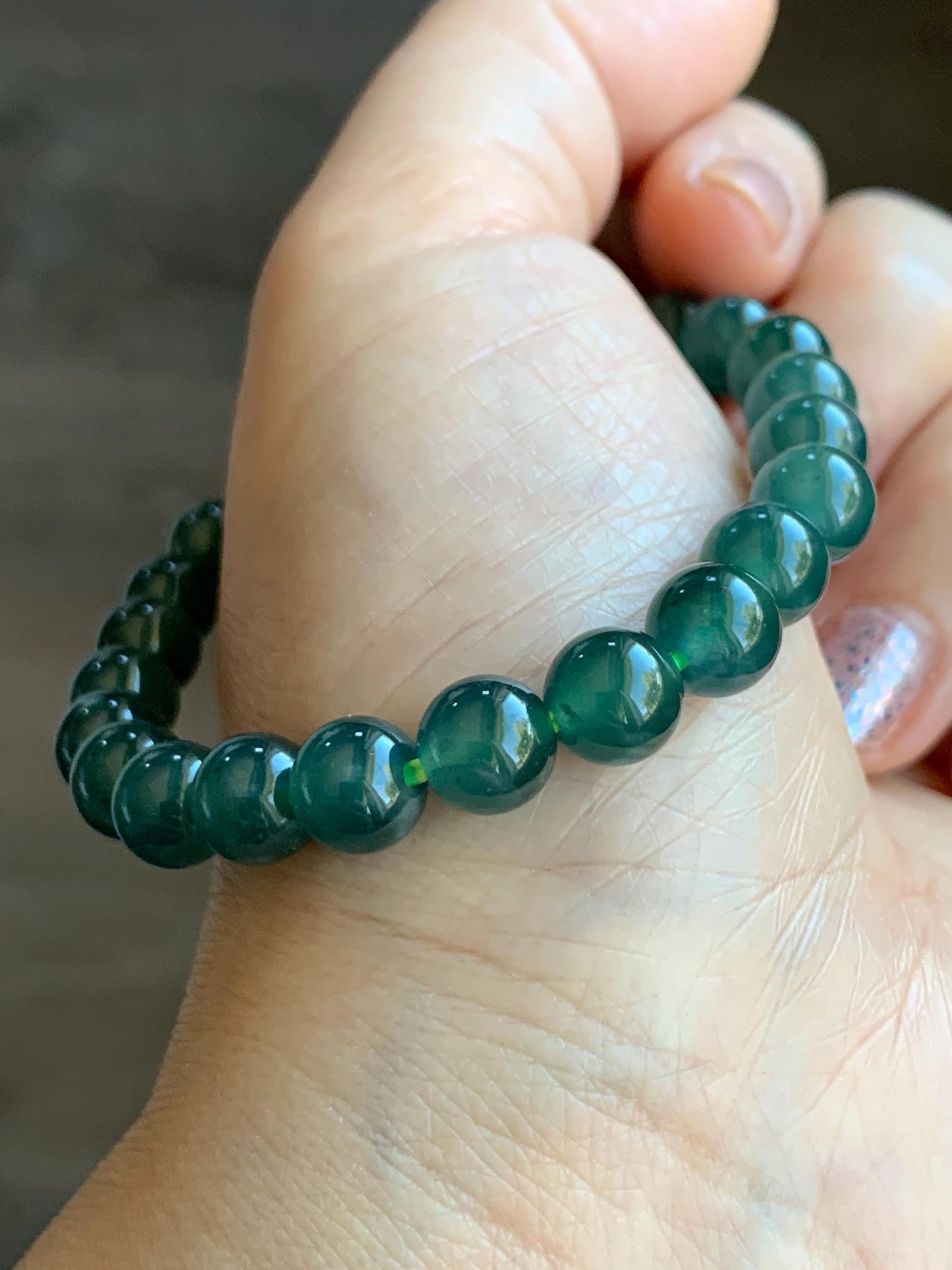 Natural Grade A Guatemalan Icy Highly Translucent Gelatinous Teal Green Jade Jadeite Beaded Bracelet 7.5-7.8mm 7” 19g 天然老种冰危蓝绿翡翠手串 ZKWS