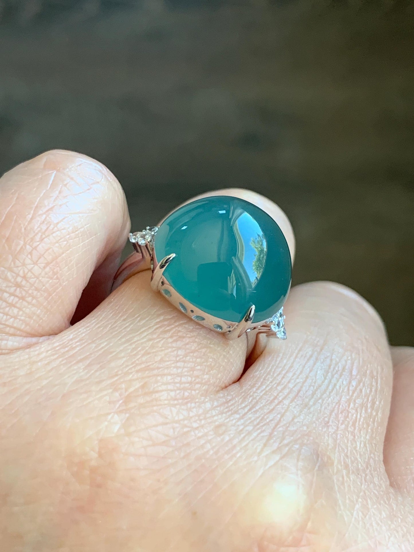 Certified Natural Guatemalan Icy Translucent Teal Blue Jadeite Round Solitaire Ring Sterling Silver Size 7.25 US 9.2g 天然冰危蓝翡翠大蛋面镶嵌戒指 3035