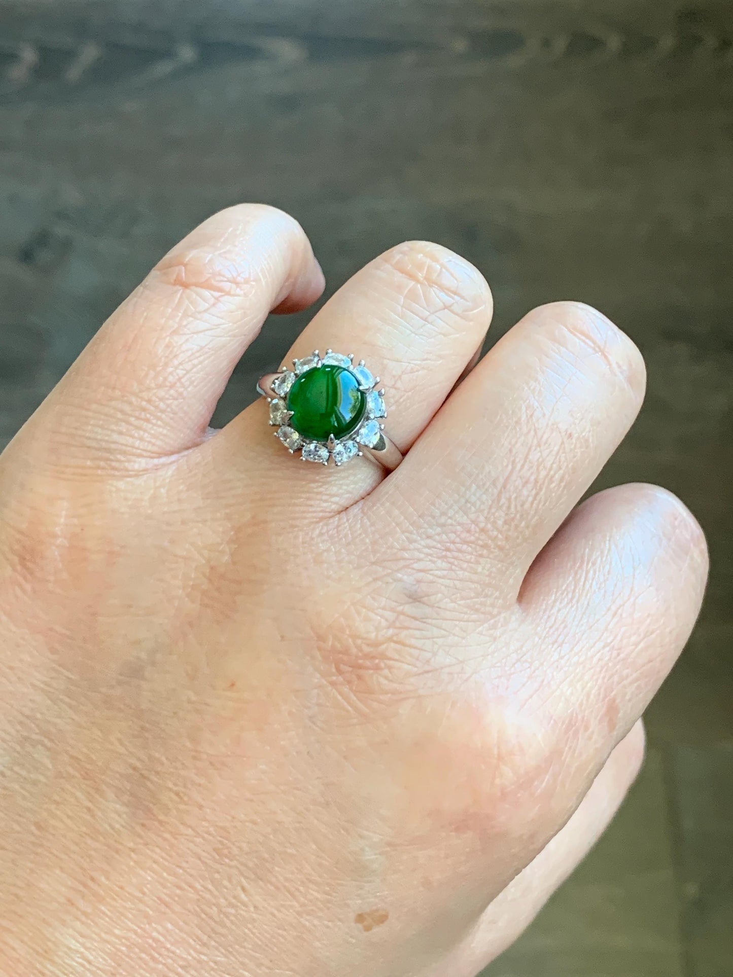 Natural Grade A Guatemalan Icy Translucent Vibrant Green Round Cabochon Jadeite Halo Ring Sterling Silver Size Adjustable 天然冰危绿翡翠银镶戒指 WLH150