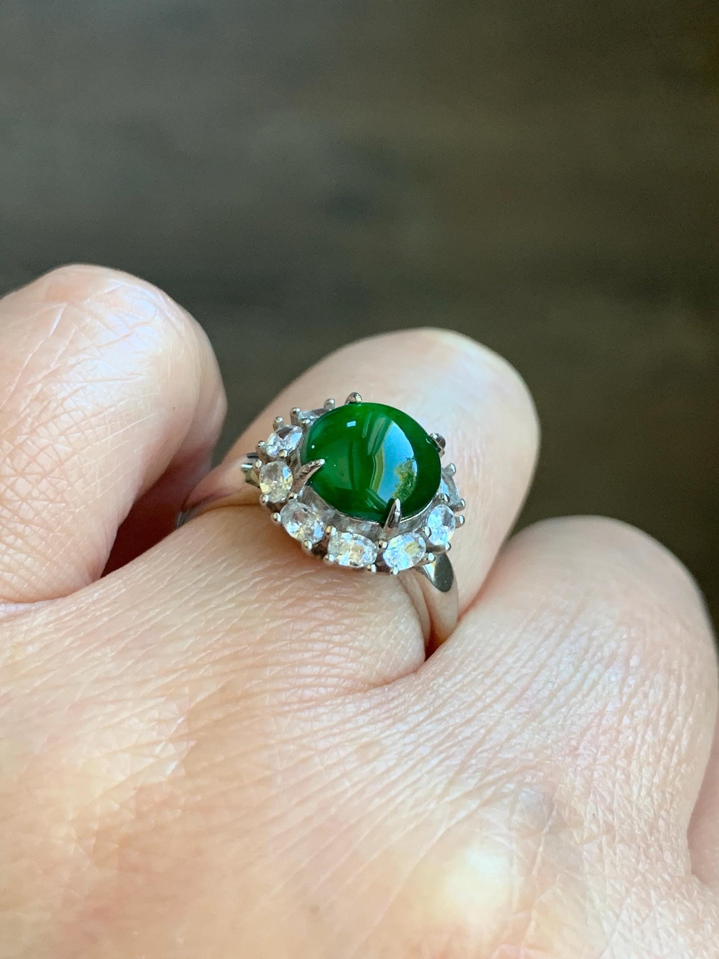 Natural Grade A Guatemalan Icy Translucent Vibrant Green Round Cabochon Jadeite Halo Ring Sterling Silver Size Adjustable 天然冰危绿翡翠银镶戒指 WLH150