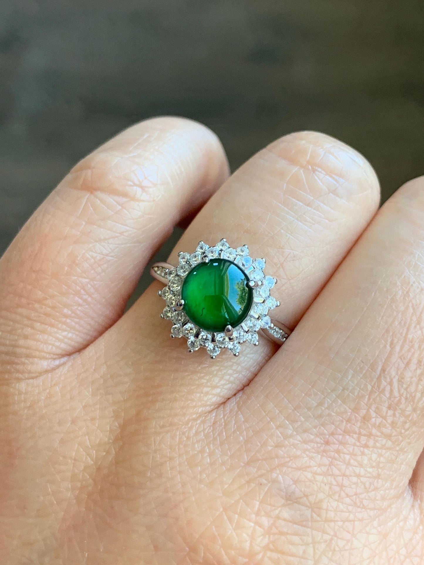 Natural Grade A Guatemalan Icy Translucent Vibrant Green Round Cabochon Jadeite Halo Ring Sterling Silver Size Adjustable 天然冰危绿翡翠银镶戒指 WLH110