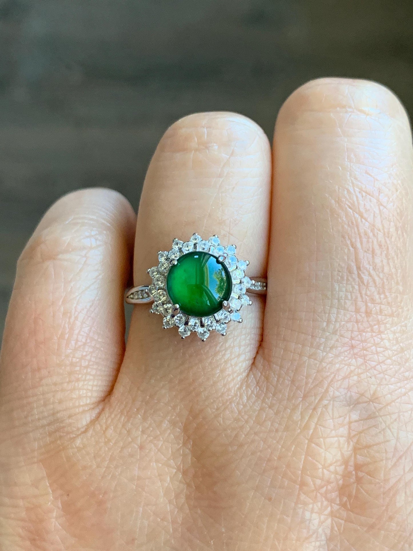 Natural Grade A Guatemalan Icy Translucent Vibrant Green Round Cabochon Jadeite Halo Ring Sterling Silver Size Adjustable 天然冰危绿翡翠银镶戒指 WLH110